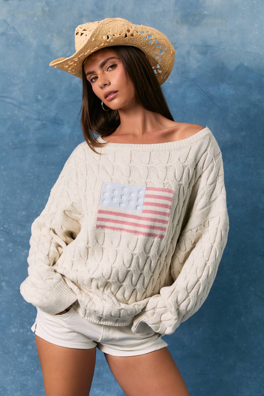 BOAT NECK AMERICAN FLAG CABLE SWEATER TOP