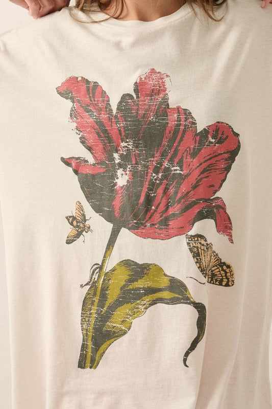 Floral Vintage-Style Garment-Washed Oversize Graphic Tee