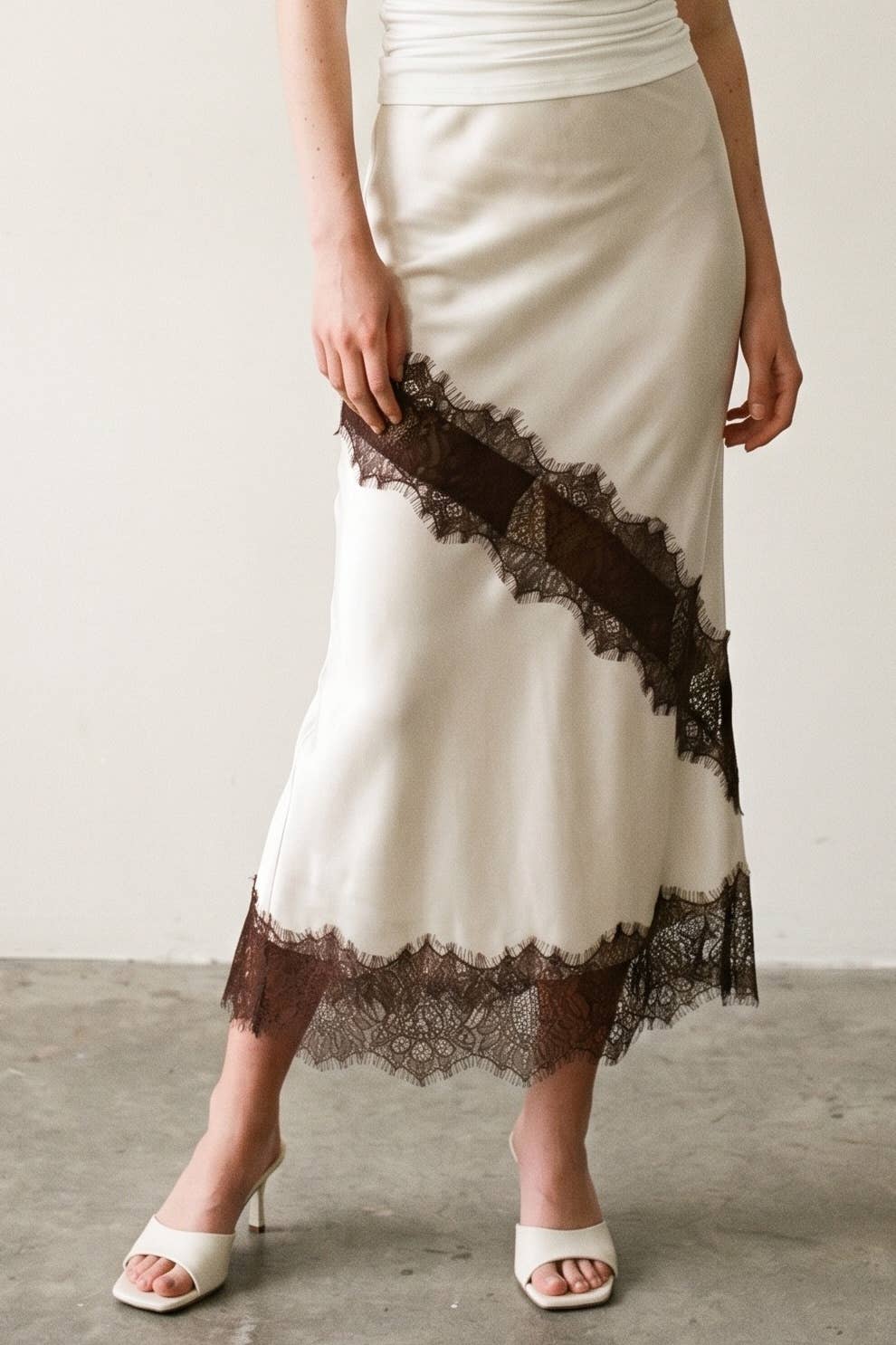 Satin Contrast Lace Trim Midi Skirt