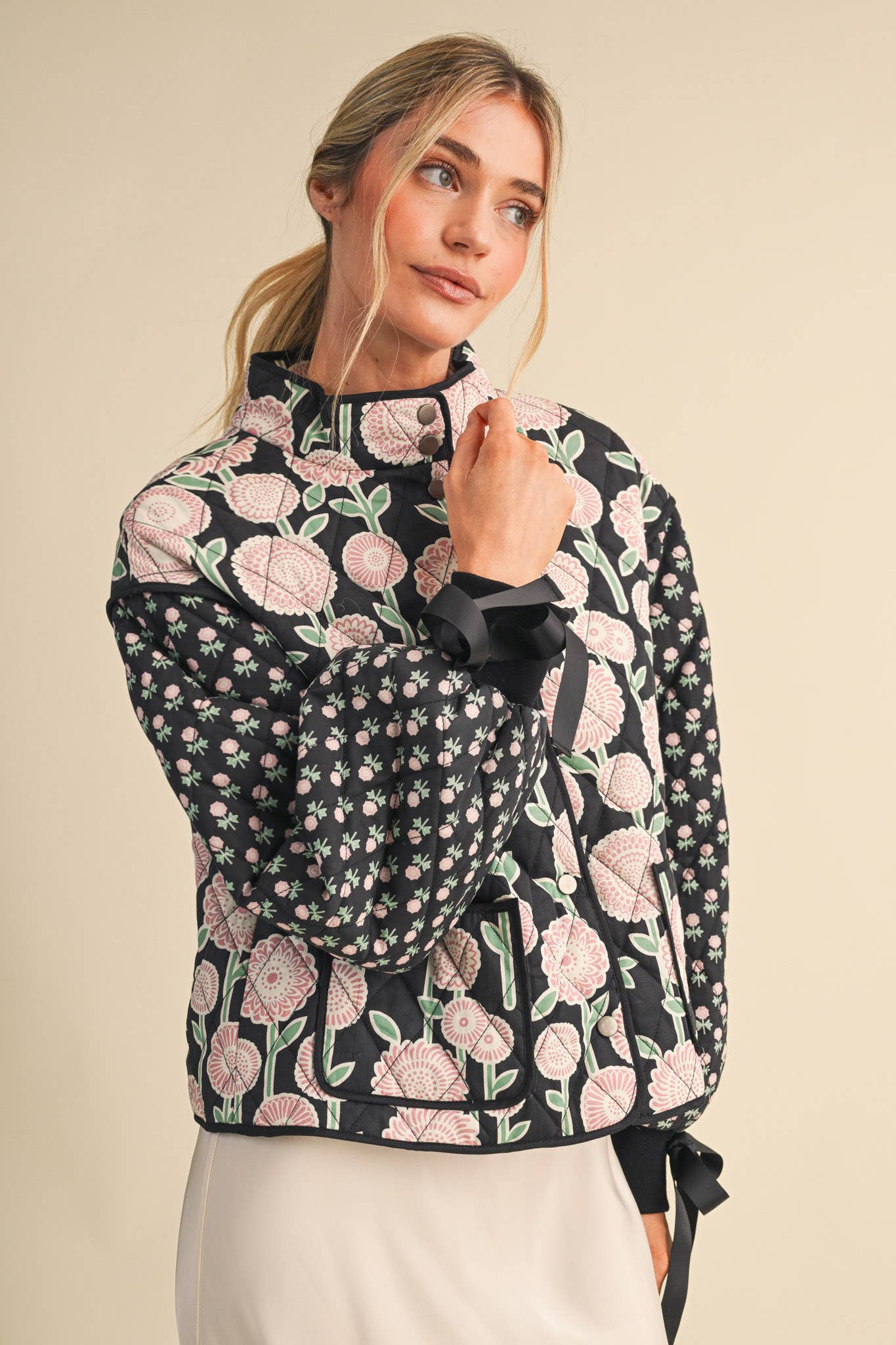 Quinn Quilted Floral Print Jacket with Ribbon Detail