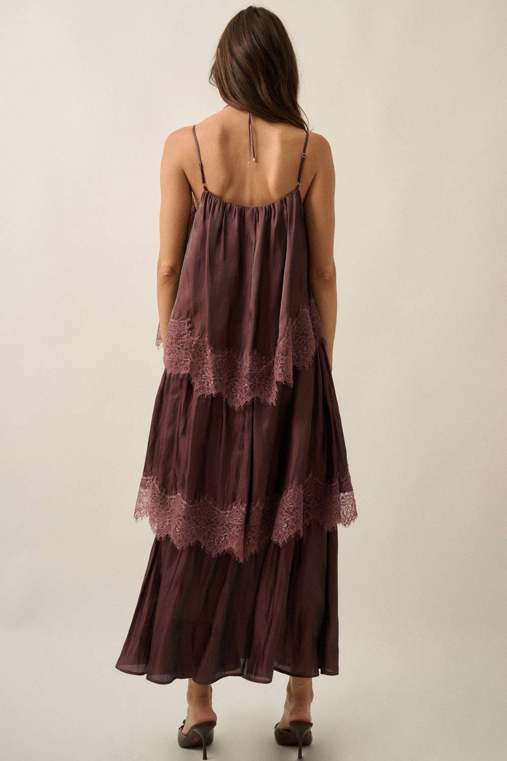 Shimmer Chiffon Lace-Trim Tiered Maxi Slip Dress