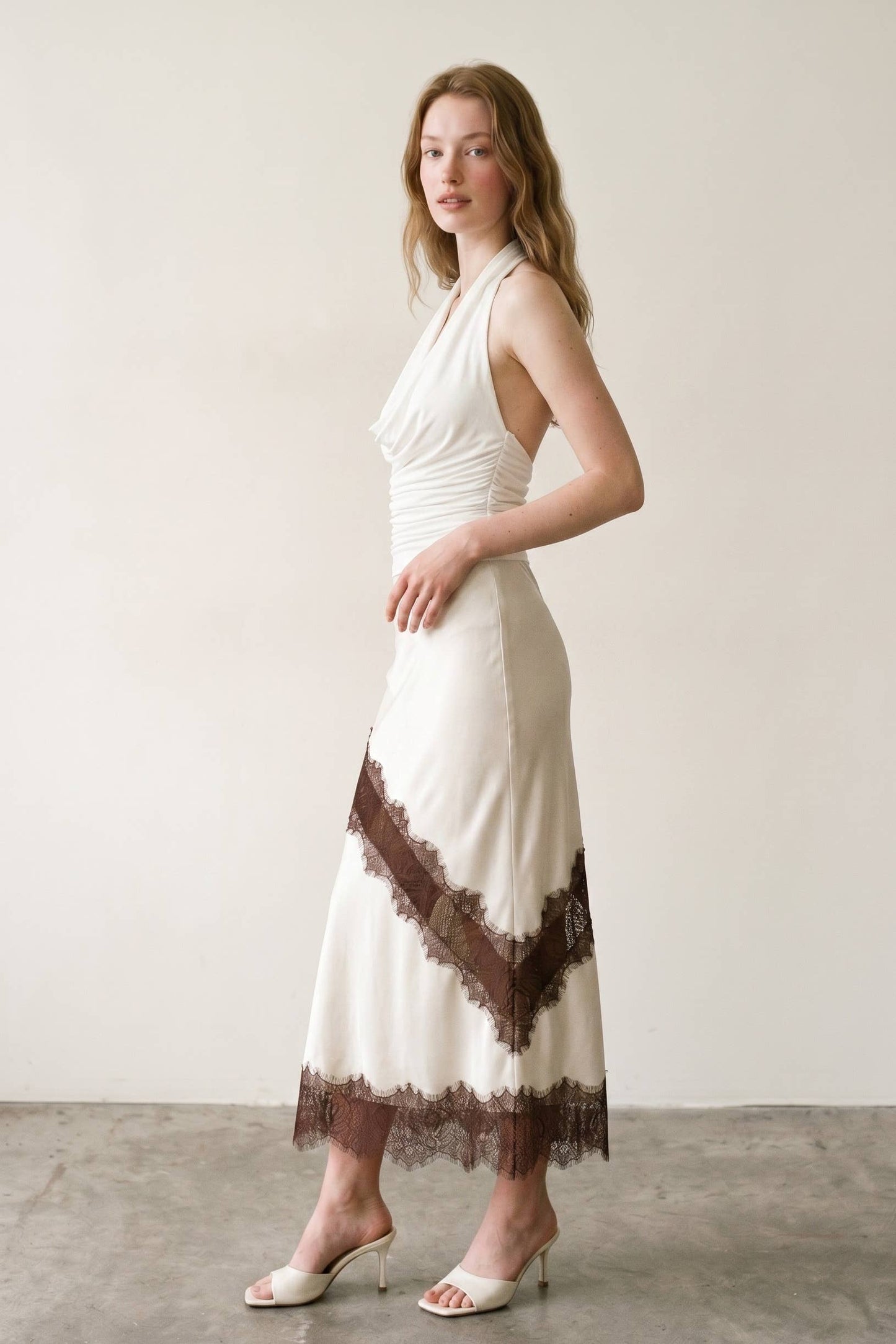 Satin Contrast Lace Trim Midi Skirt