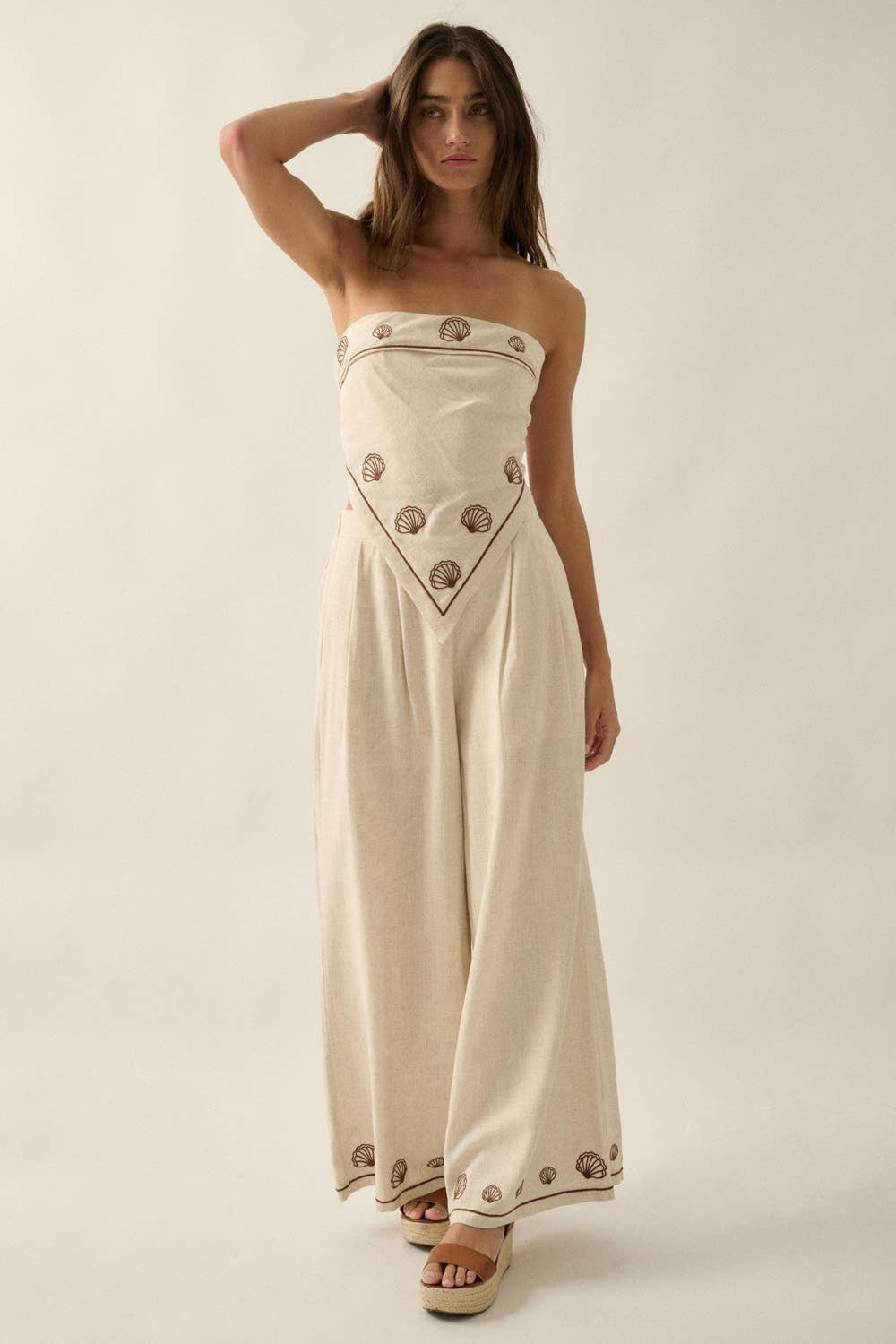 Shelly Seashell-Embroidered Wide-Leg Pants