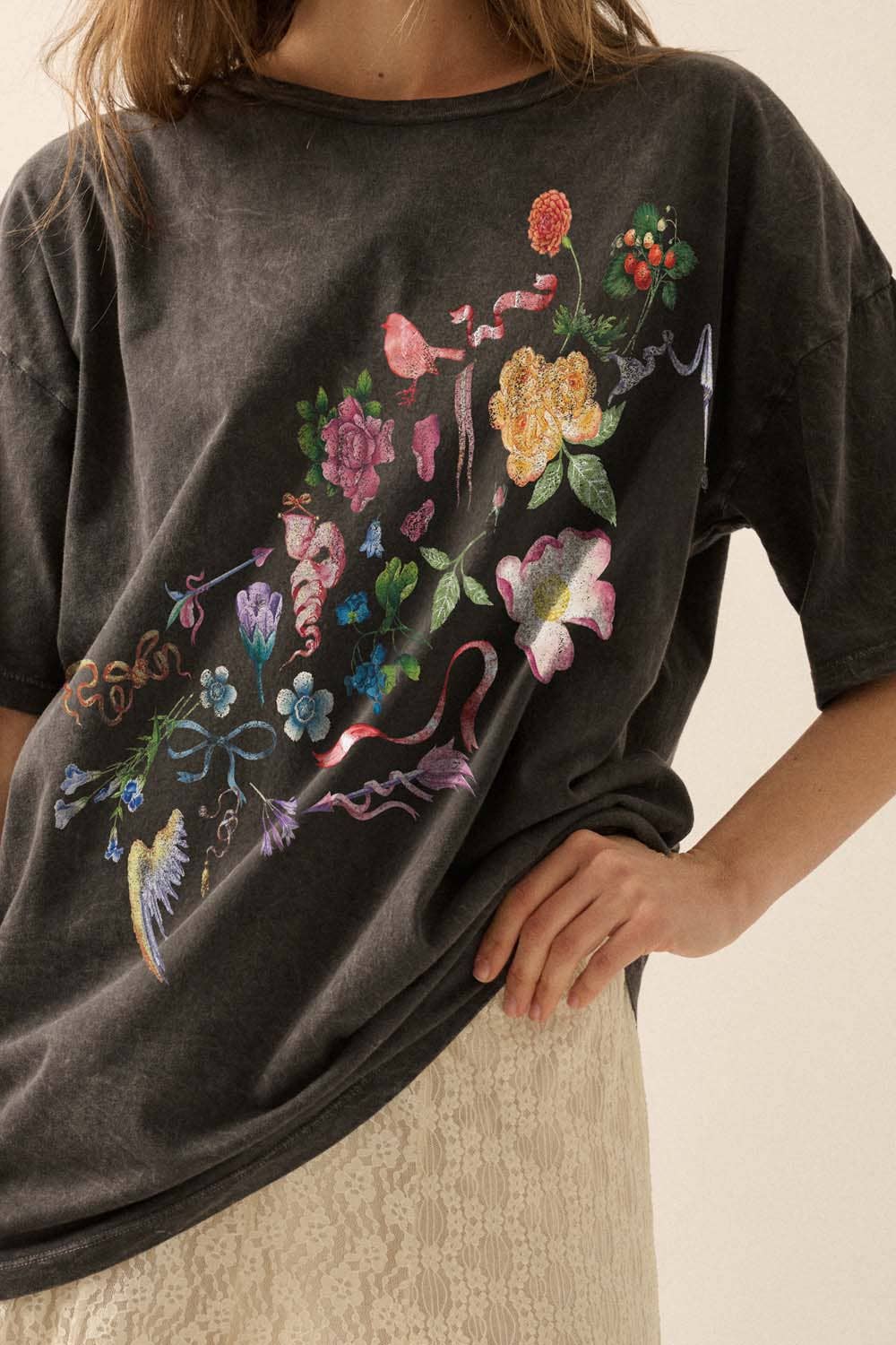 Flowers Bows and Birds Vintage-Wash Graphic Tee