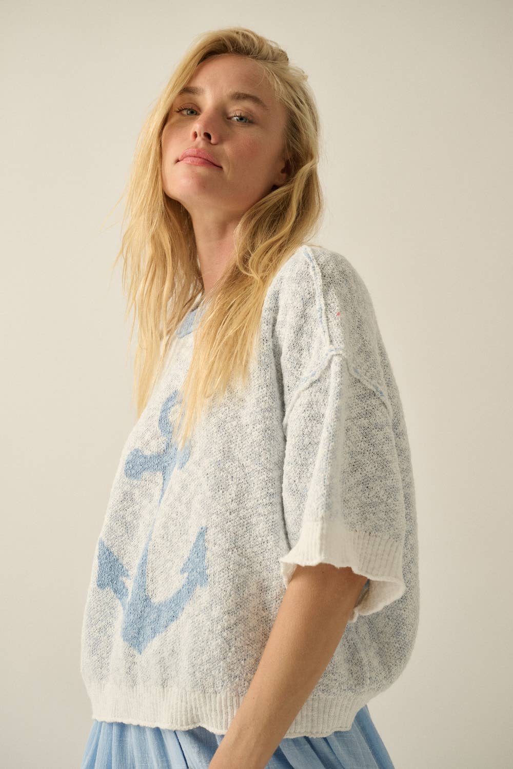 Anchor Jacquard-Knit Exposed-Seam Short-Sleeve Sweater