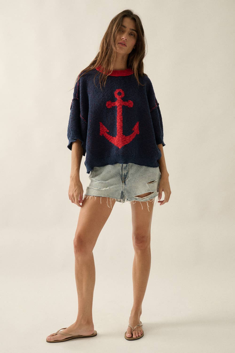 Anchor Jacquard-Knit Exposed-Seam Short-Sleeve Sweater