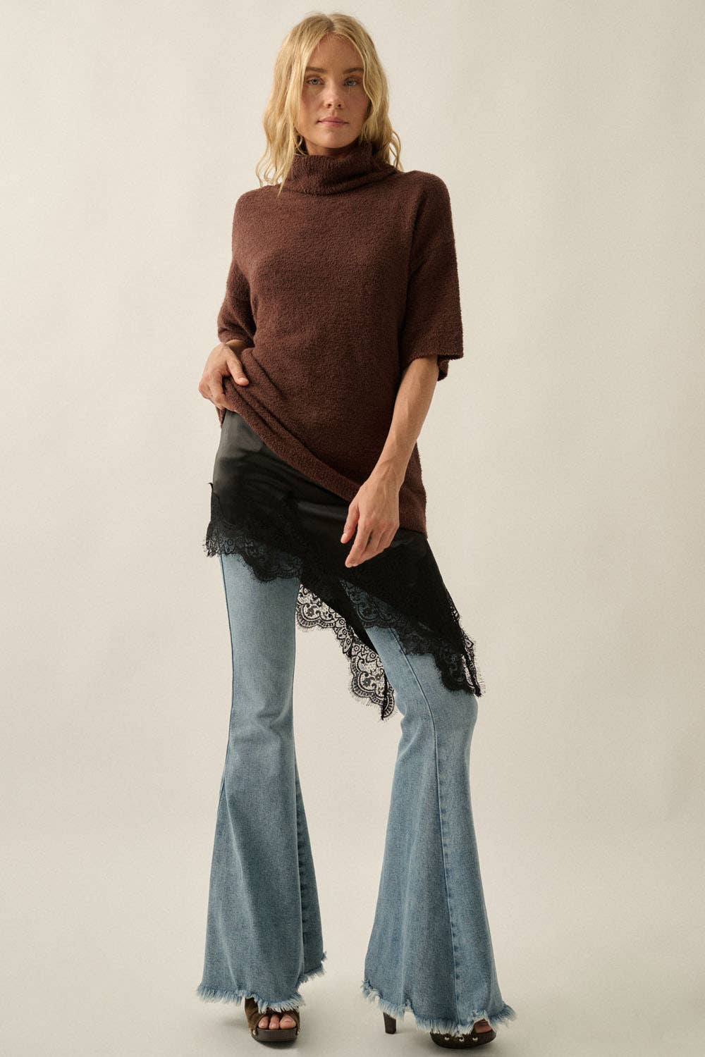 Boucle Knit Short-Sleeve Cowl-Neck Sweater