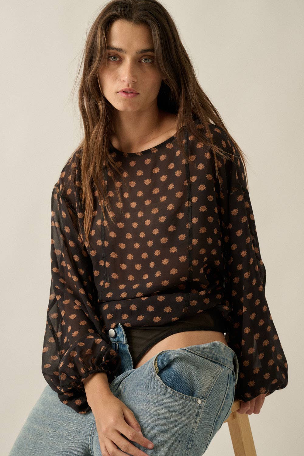 Floral Balloon-Sleeve Bodysuit