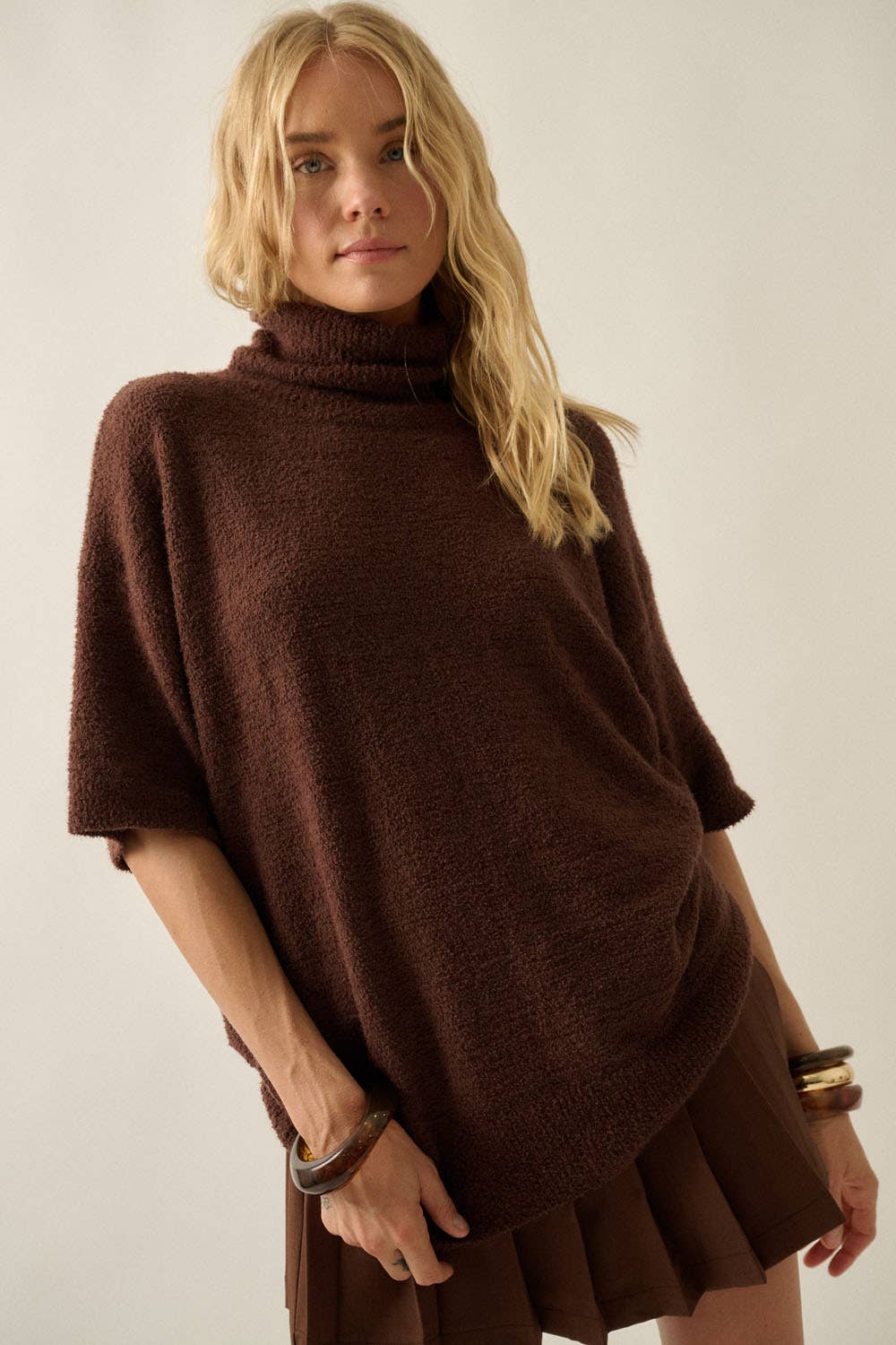Boucle Knit Short-Sleeve Cowl-Neck Sweater