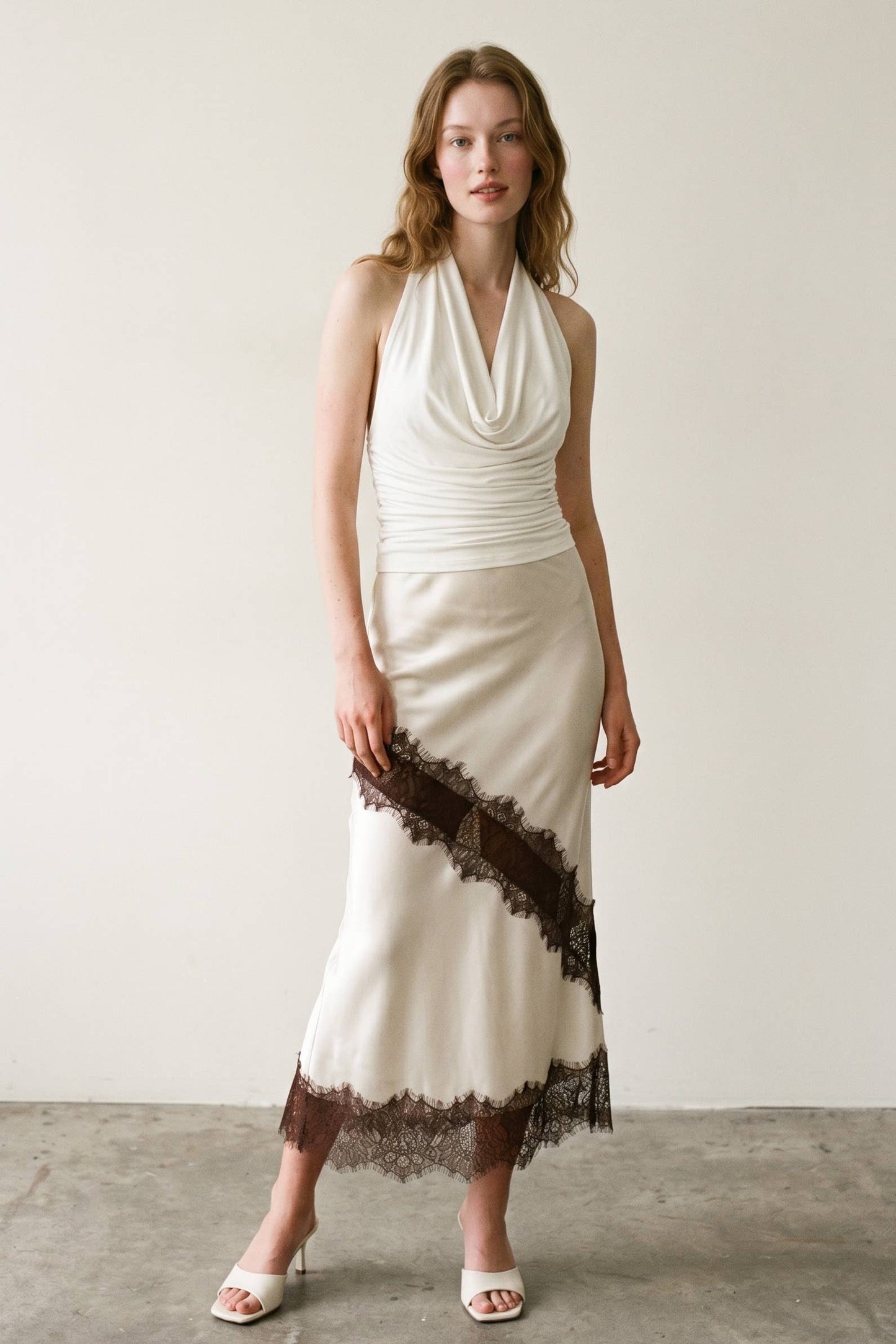 Satin Contrast Lace Trim Midi Skirt