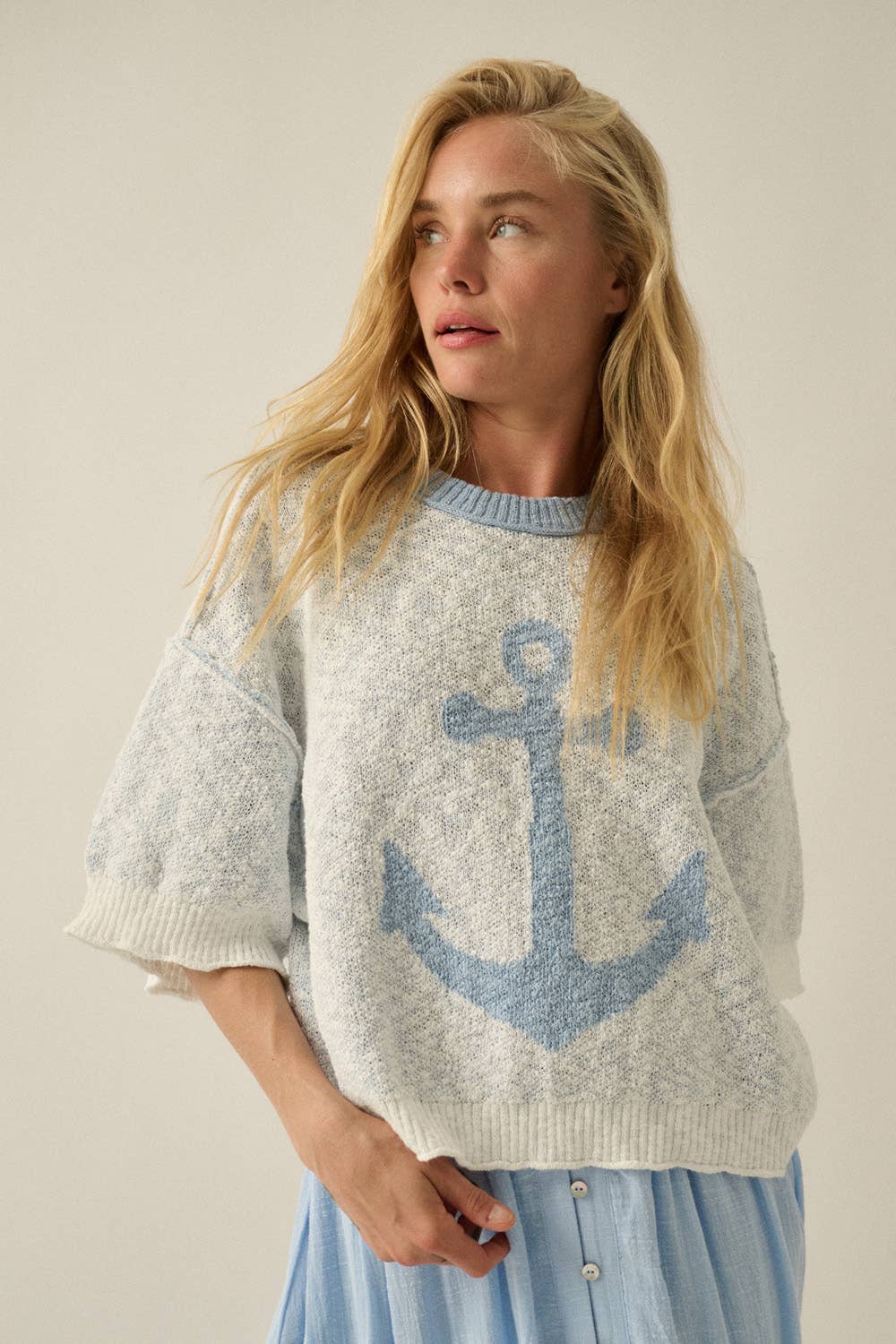 Anchor Jacquard-Knit Exposed-Seam Short-Sleeve Sweater