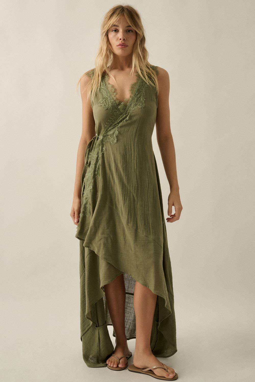 Lace-Trimmed Cotton Gauze Sleeveless Wrap Maxi Dress
