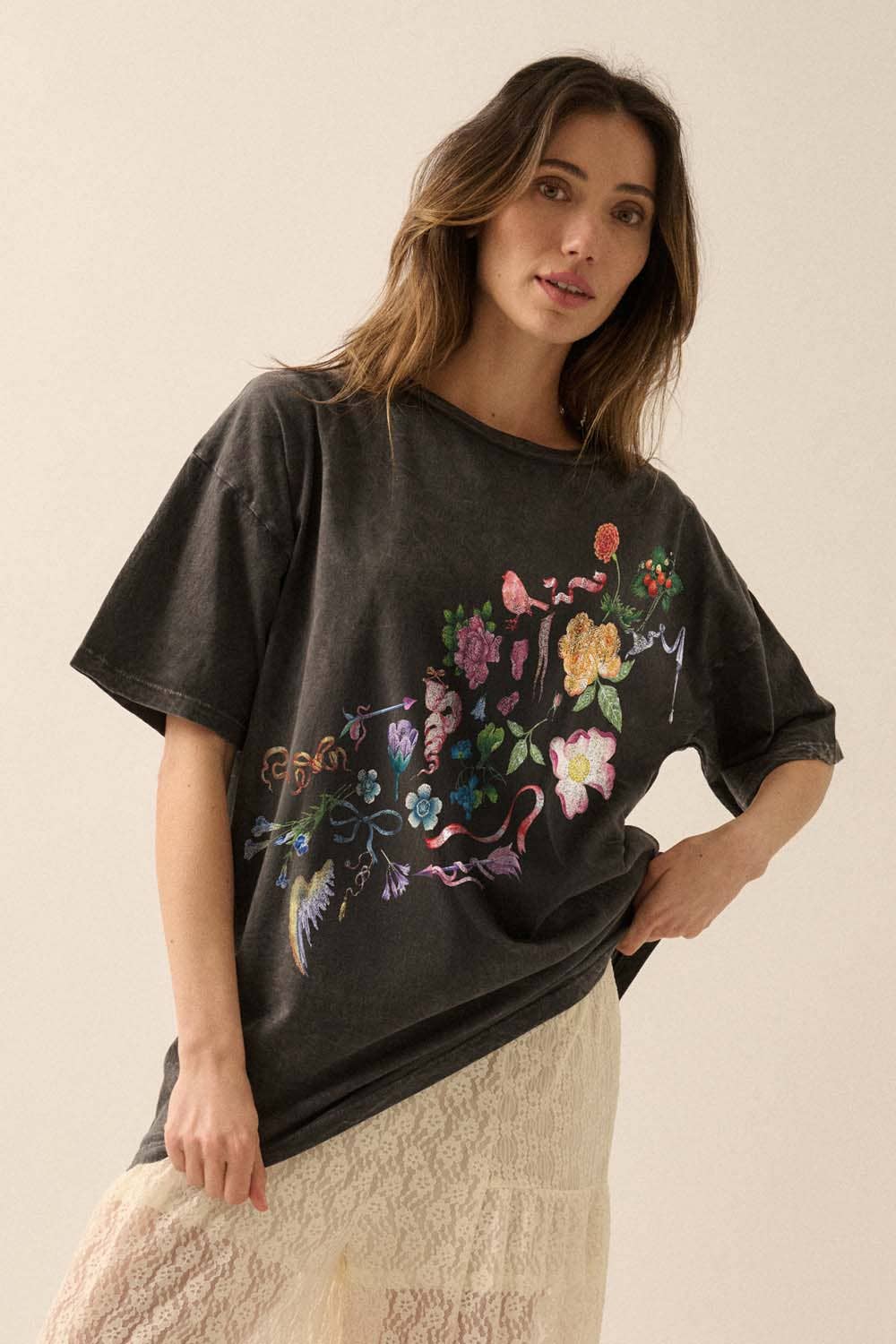 Flowers Bows and Birds Vintage-Wash Graphic Tee