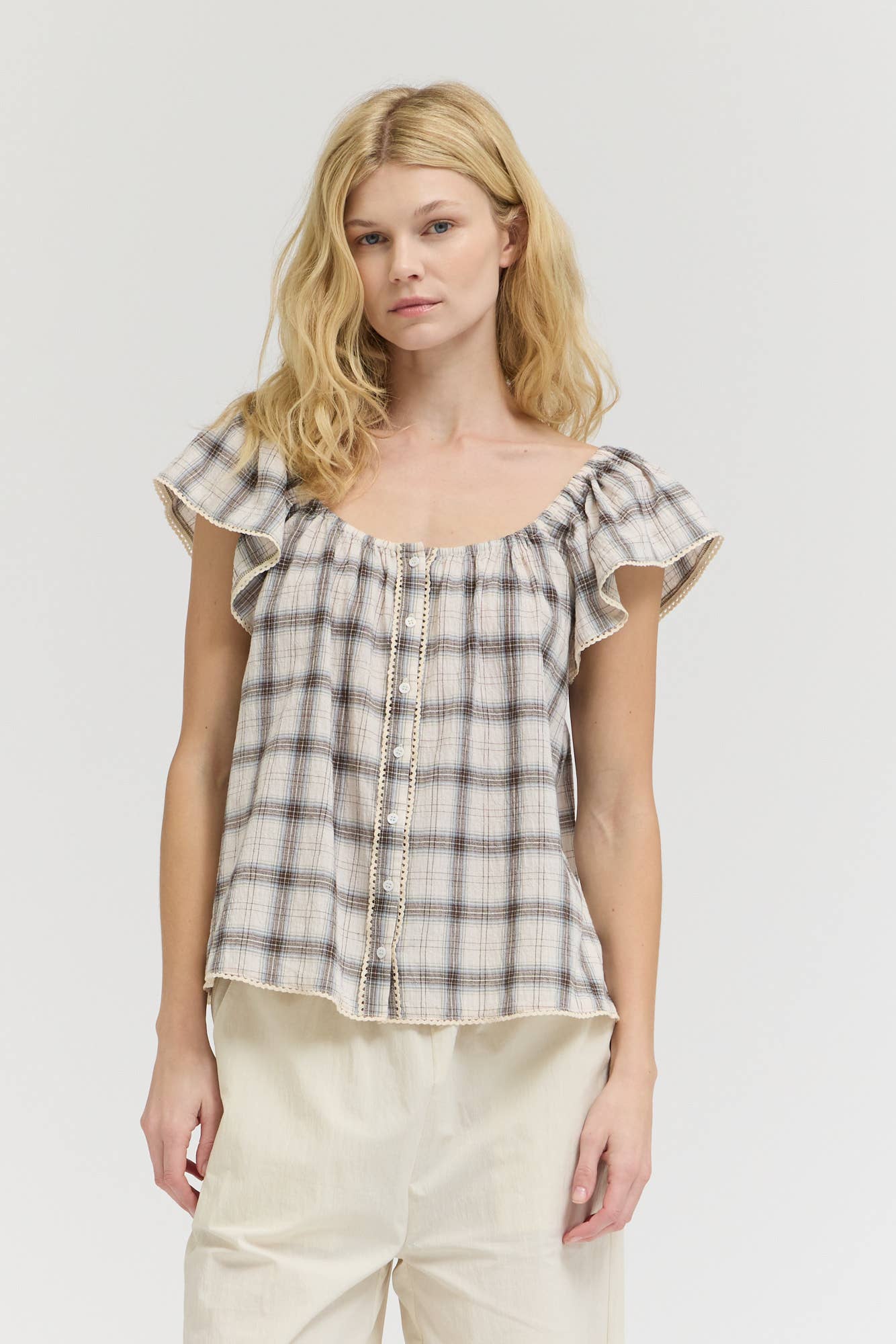 PLAID EYELET BLOUSE