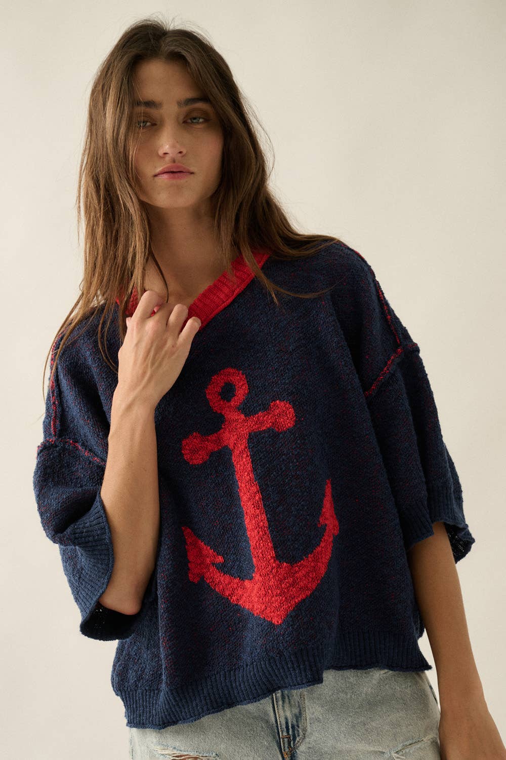 Anchor Jacquard-Knit Exposed-Seam Short-Sleeve Sweater