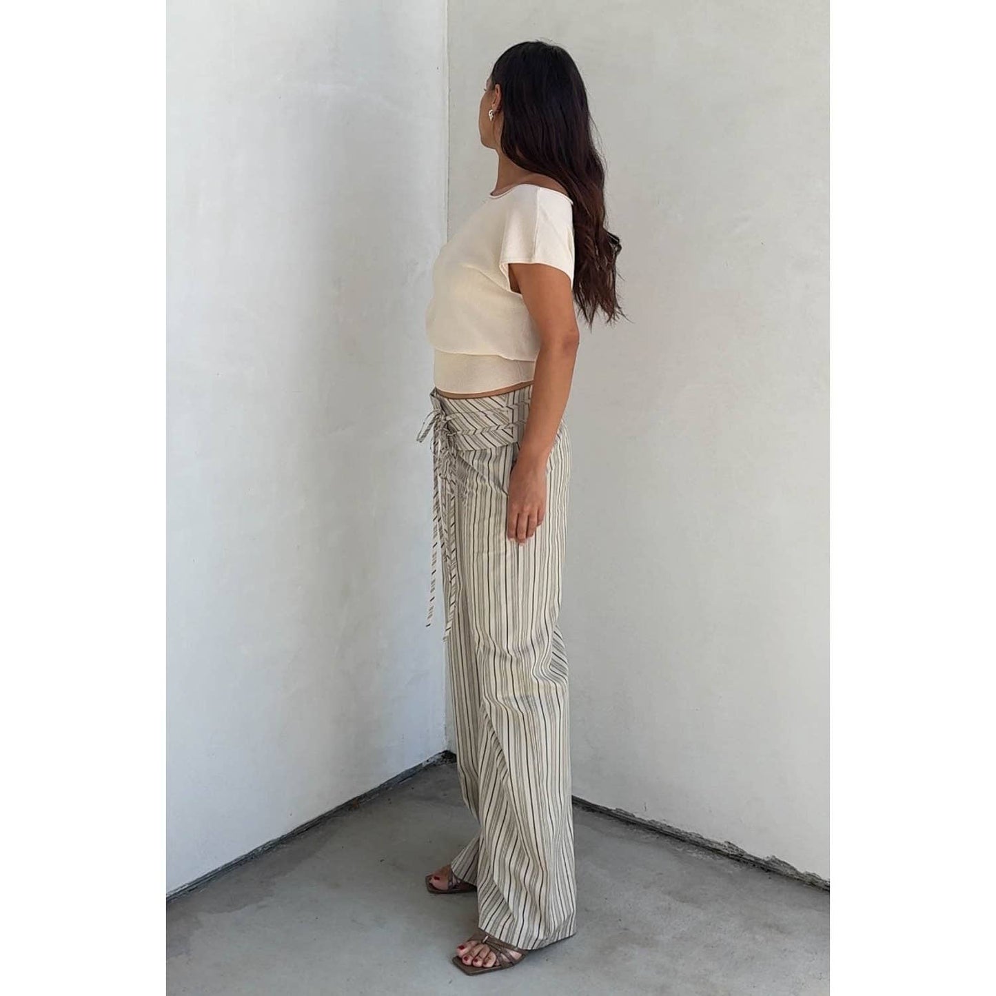 Striped Folded Waist Wrap Pants