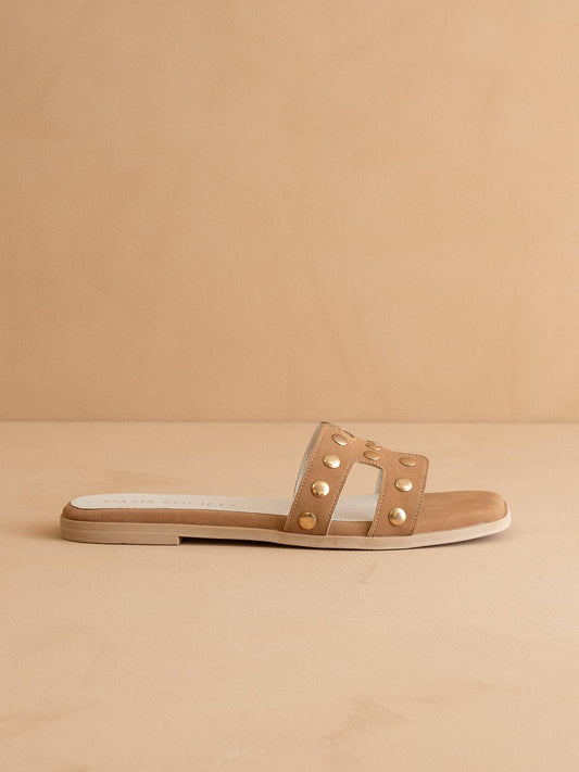 The Evelynne Camel Studded H Band Slides