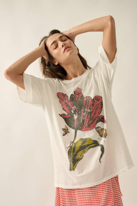 Floral Vintage-Style Garment-Washed Oversize Graphic Tee