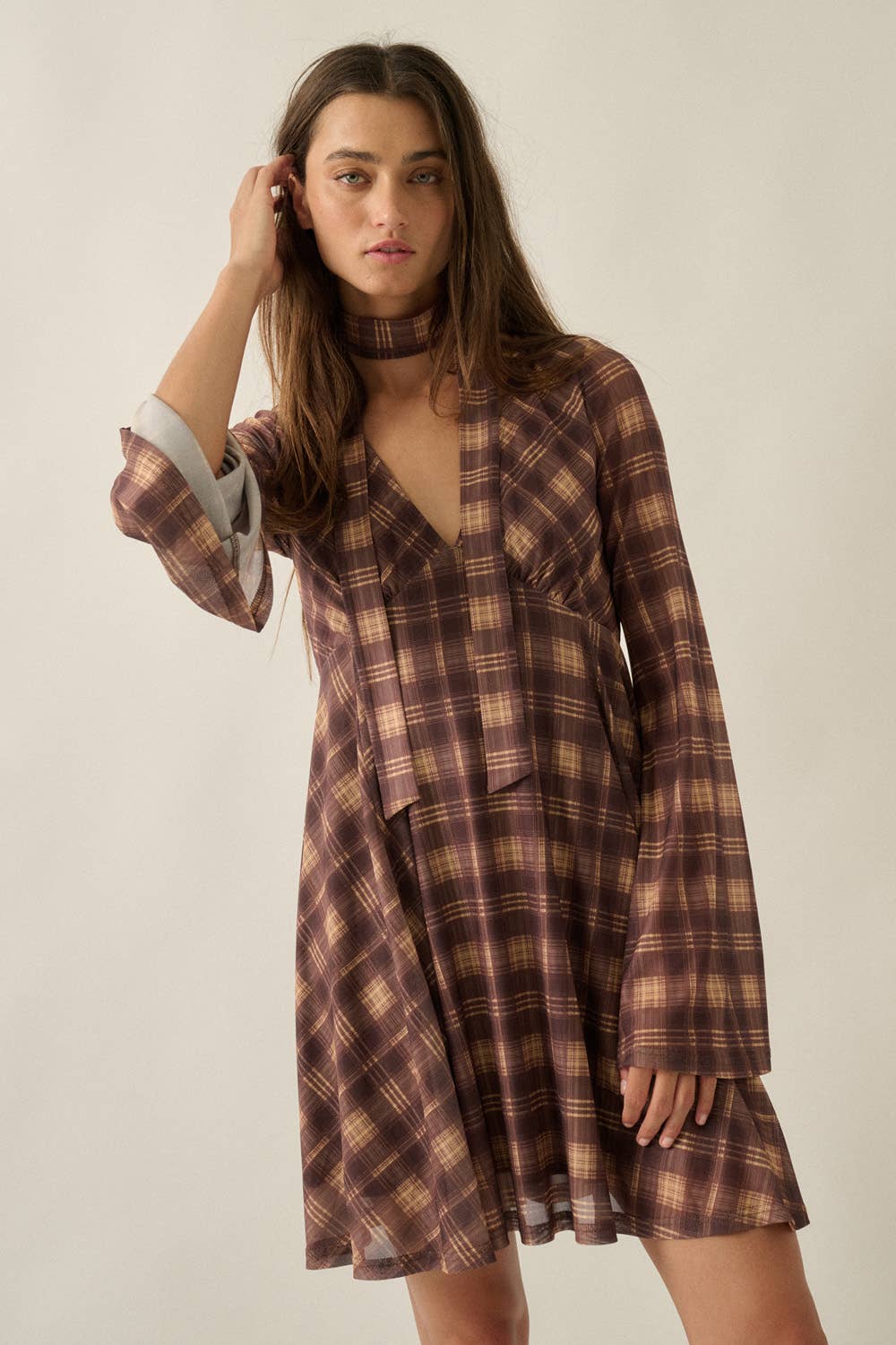 Belle-Sleeve Mini Dress with Scarf