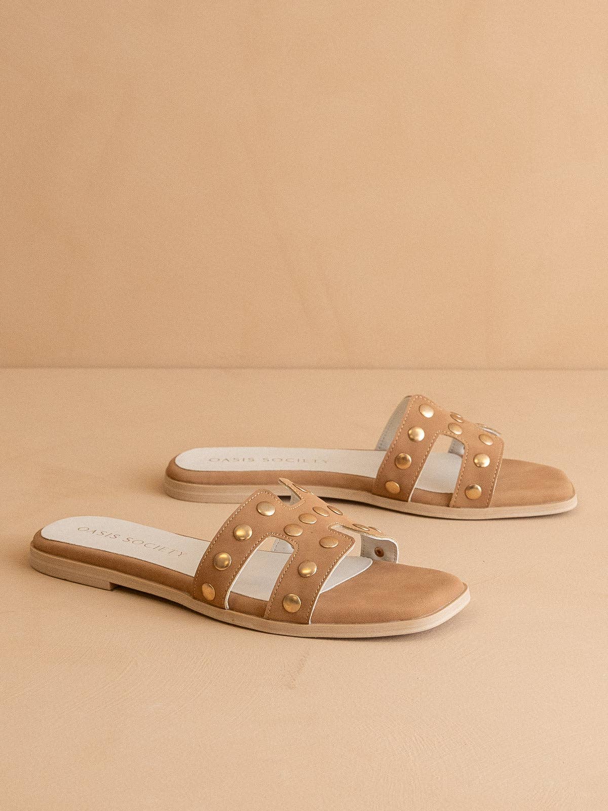 The Evelynne Camel Studded H Band Slides