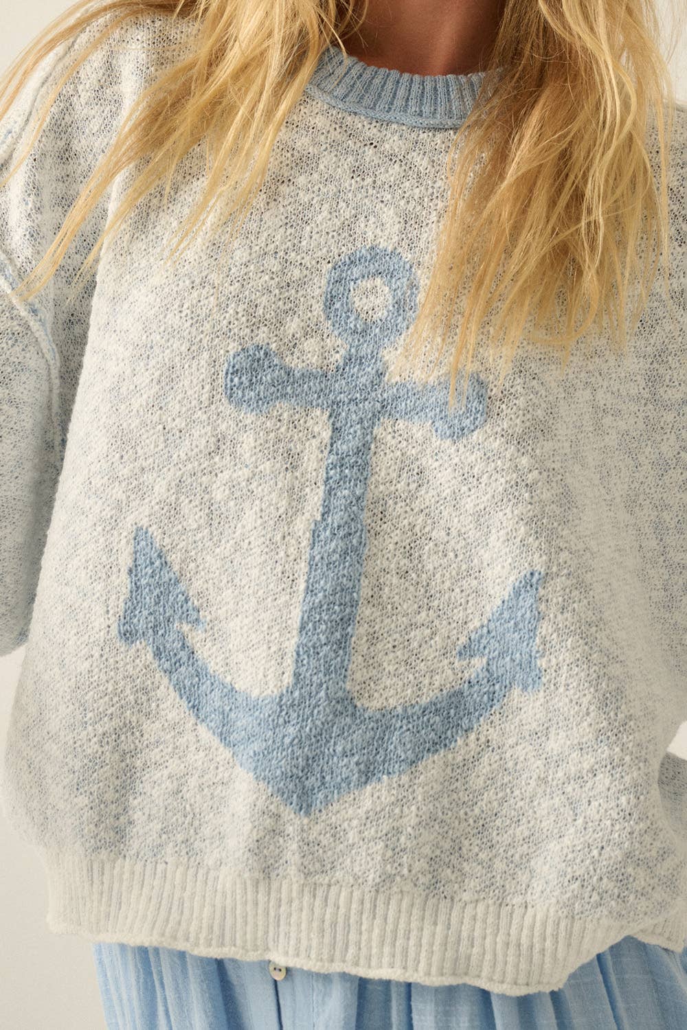 Anchor Jacquard-Knit Exposed-Seam Short-Sleeve Sweater
