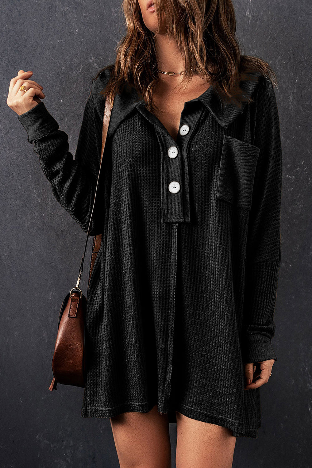 Wilders Waffle Knit Buttoned Long Sleeve Top