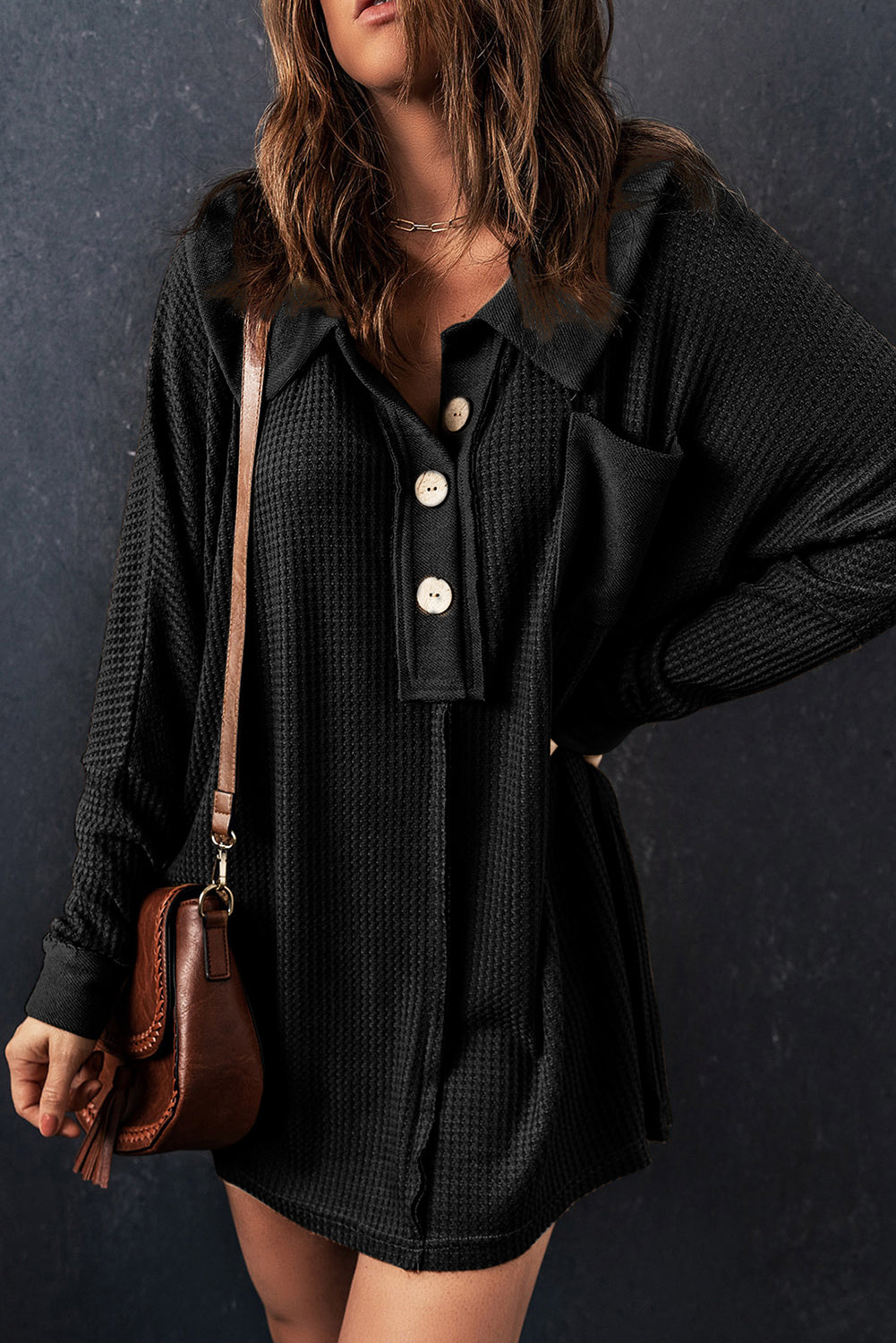 Wilders Waffle Knit Buttoned Long Sleeve Top