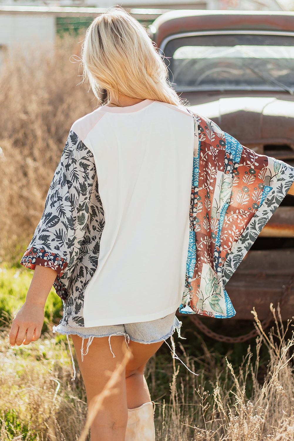 Patchwork Sleeve Peace Desert Graphic Top