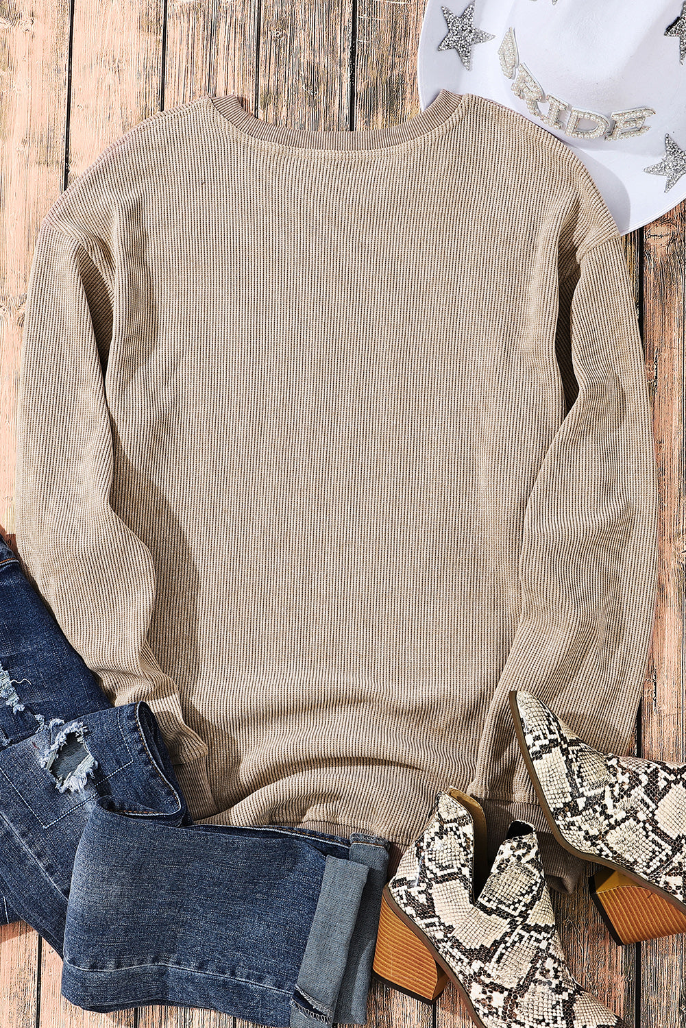 Solid Ribbed Knit Round Neck Pullover Sweatshirt