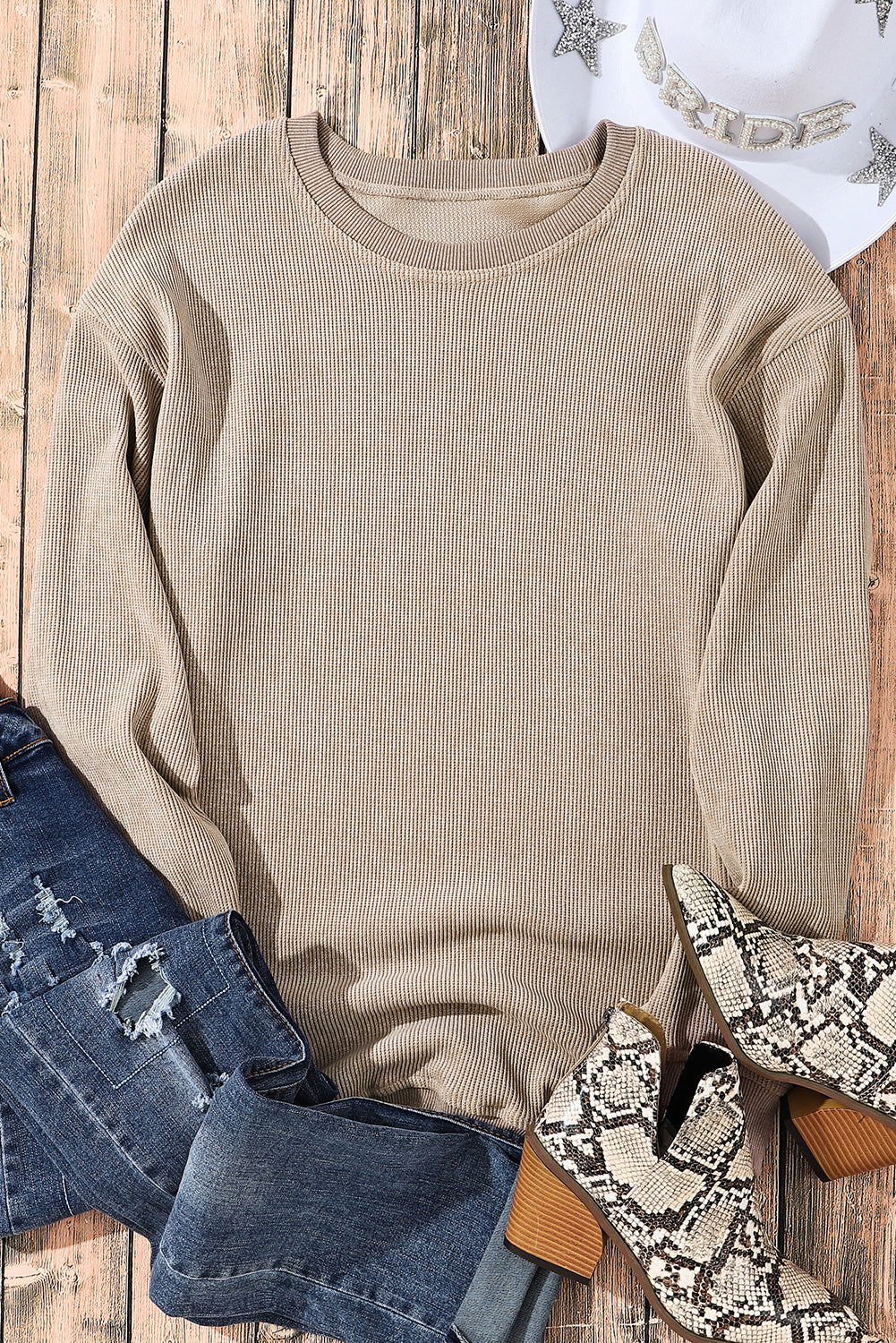 Solid Ribbed Knit Round Neck Pullover Sweatshirt