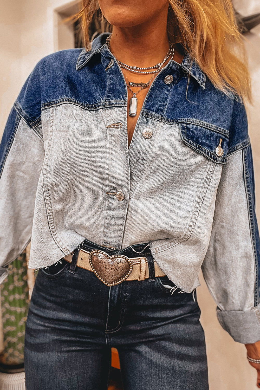 Color Block Distress Denim Jacket