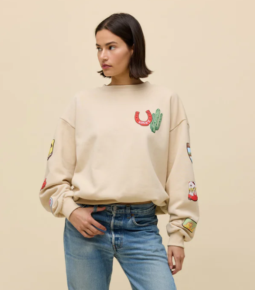 Western Patches Oversized Crew Sweatshirt