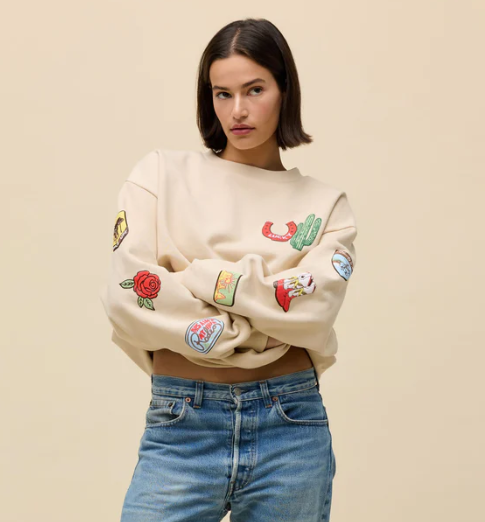 Western Patches Oversized Crew Sweatshirt