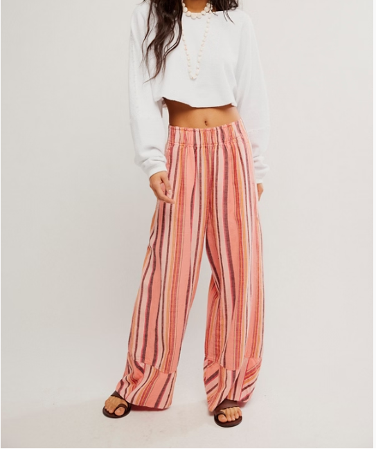 Free People Day's End Cotton-Linen Striped Pull-On Pants