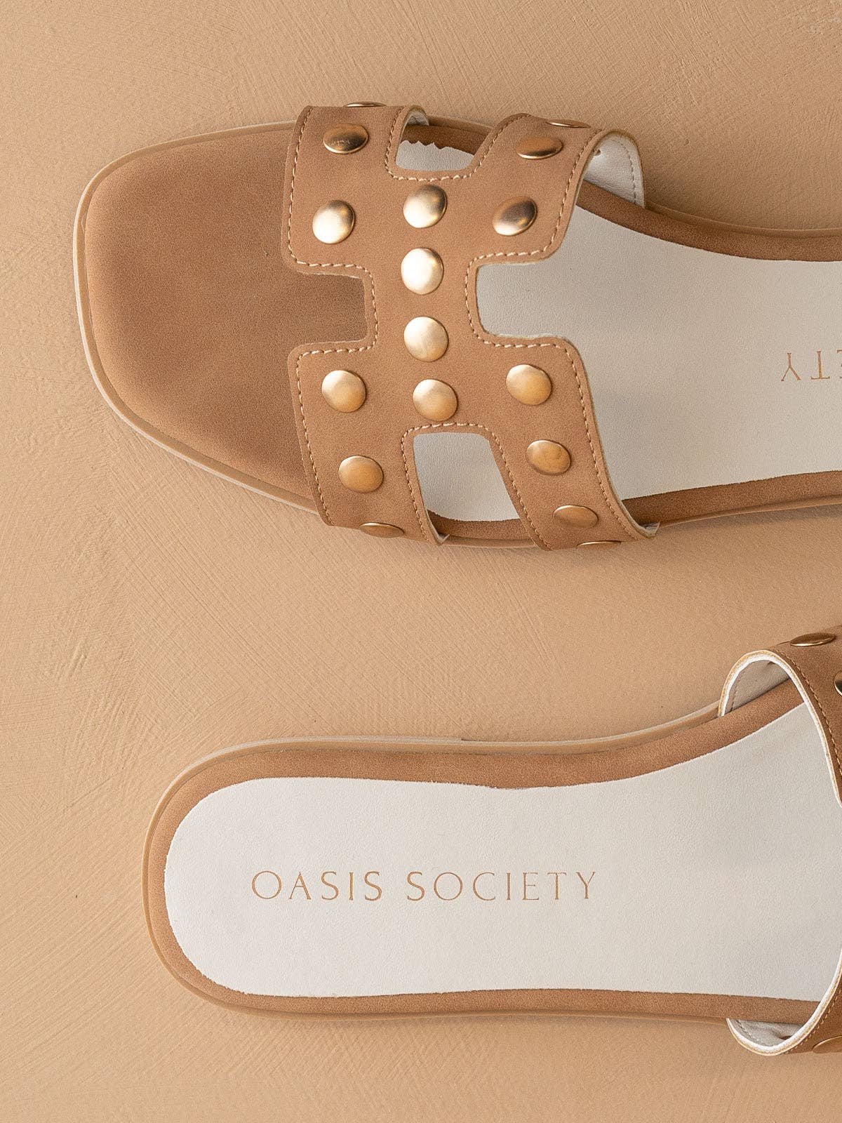 The Evelynne Camel Studded H Band Slides