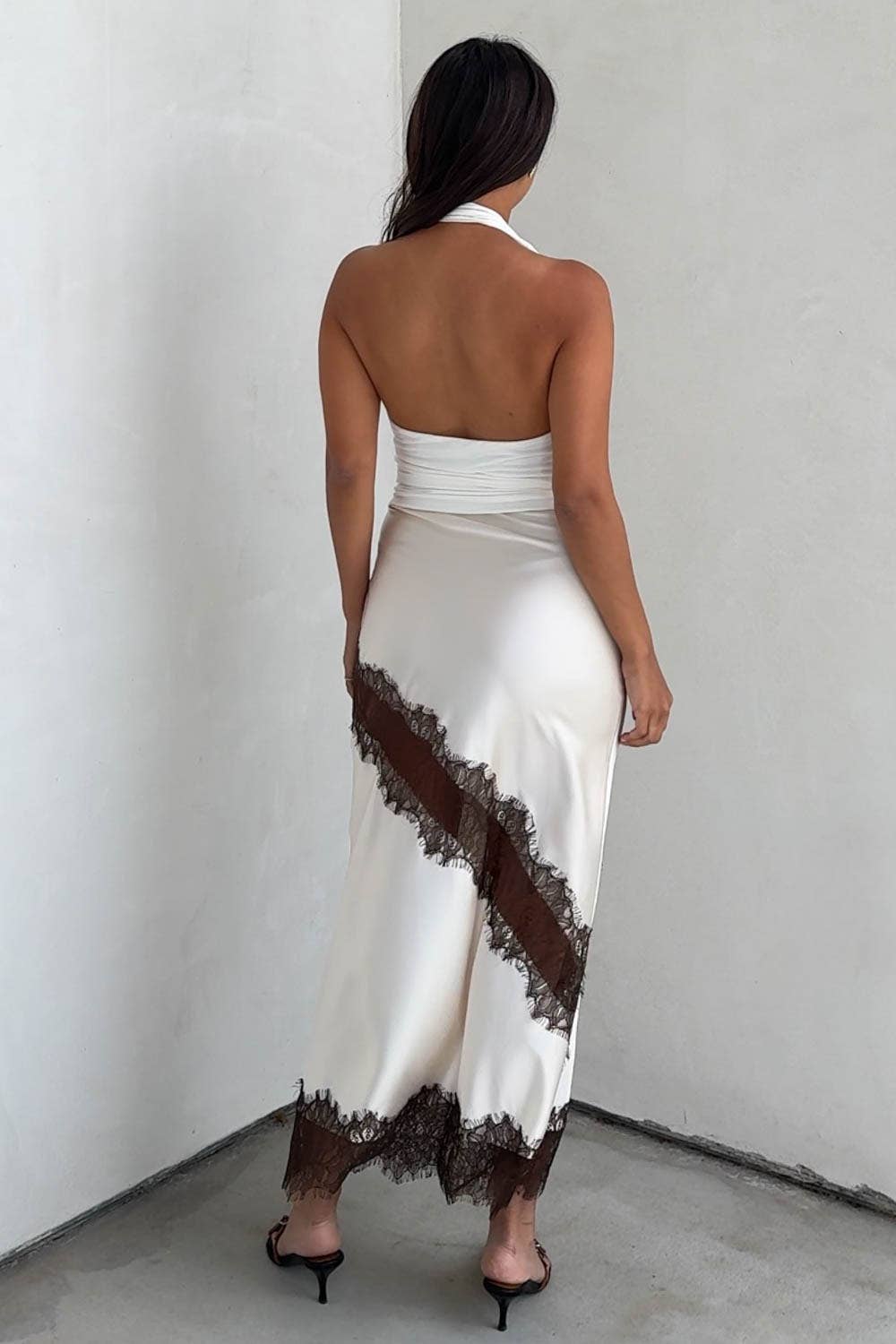 Satin Contrast Lace Trim Midi Skirt