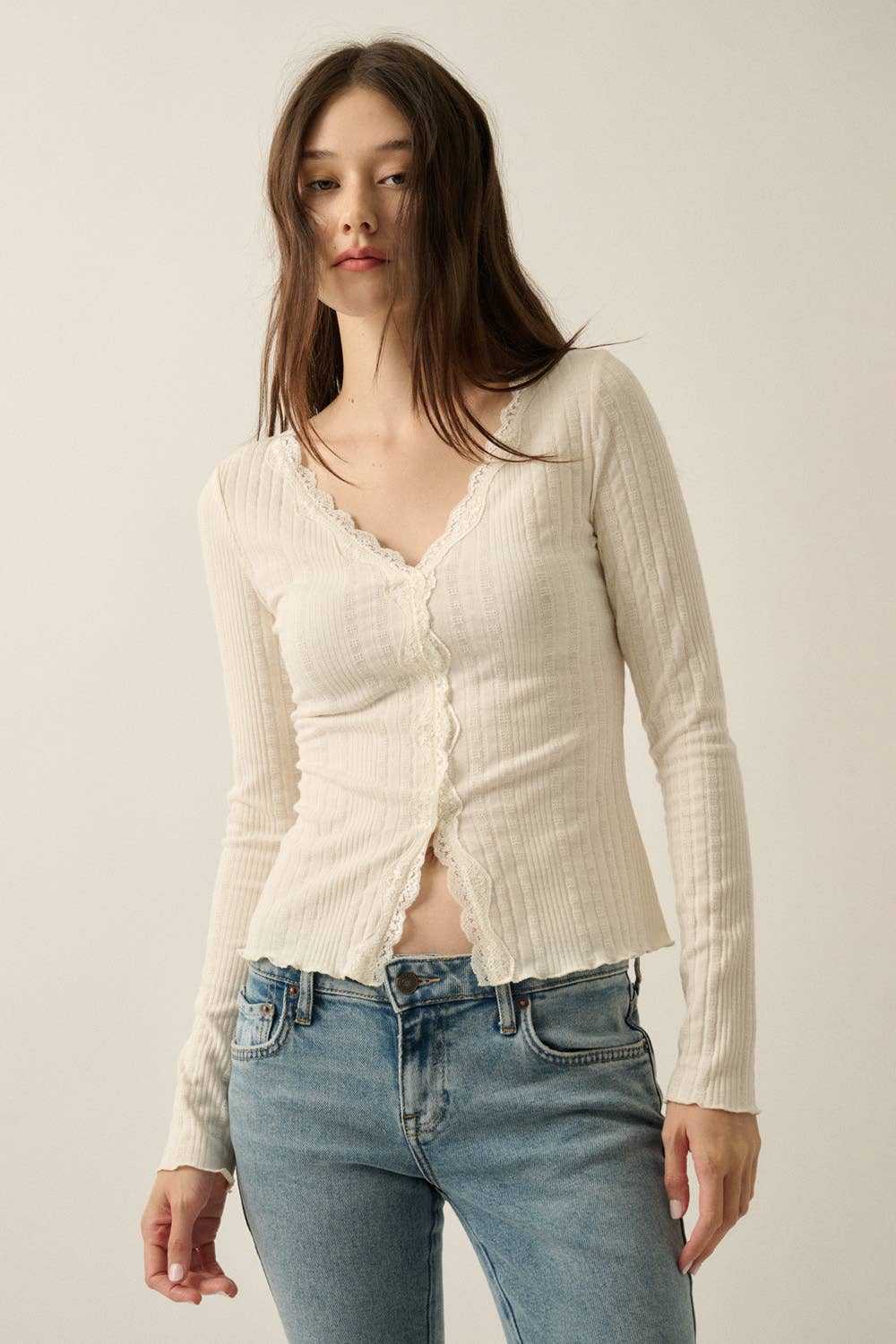 Pointelle Ribbed Knit Lace-Trim Sweater