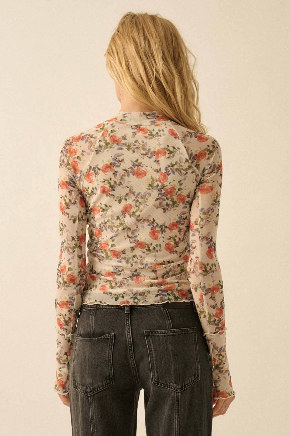 Floral Mesh Mock-Neck Thumbhole Raglan Top