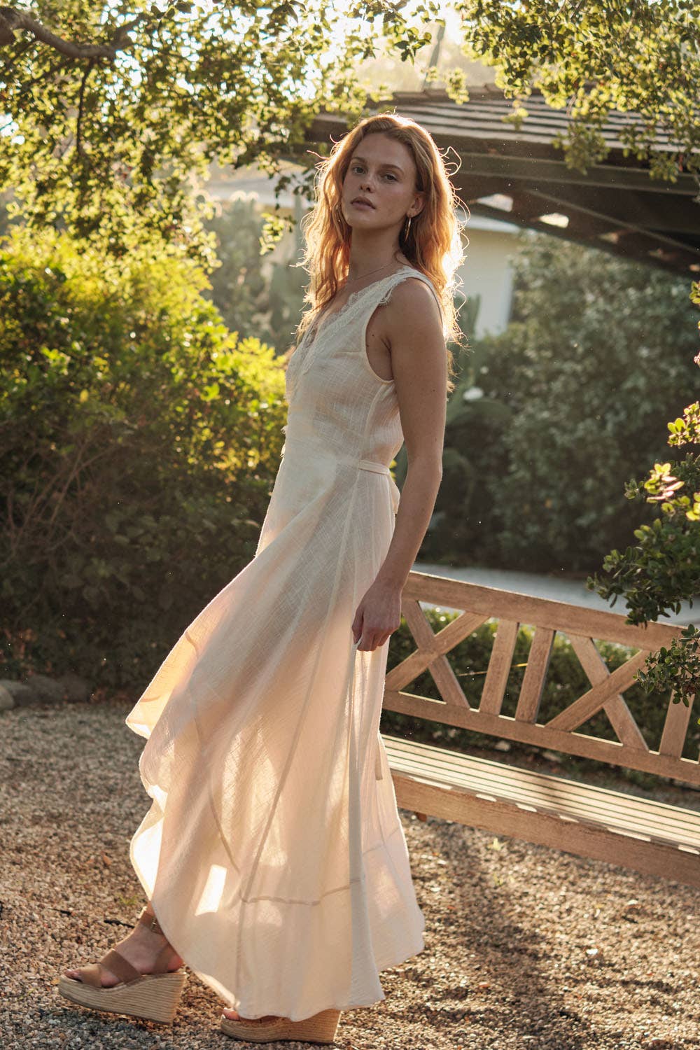 Lace-Trimmed Cotton Gauze Sleeveless Wrap Maxi Dress
