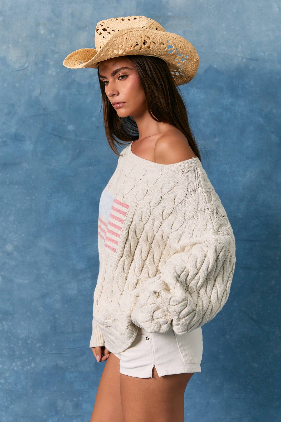 BOAT NECK AMERICAN FLAG CABLE SWEATER TOP