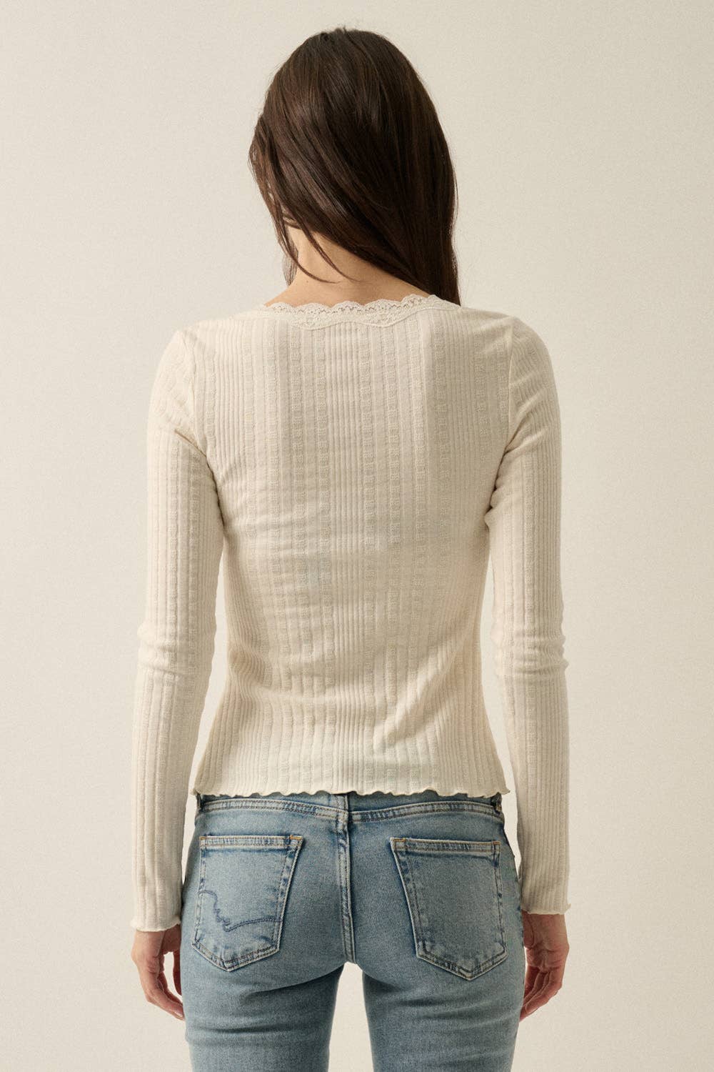 Pointelle Ribbed Knit Lace-Trim Sweater