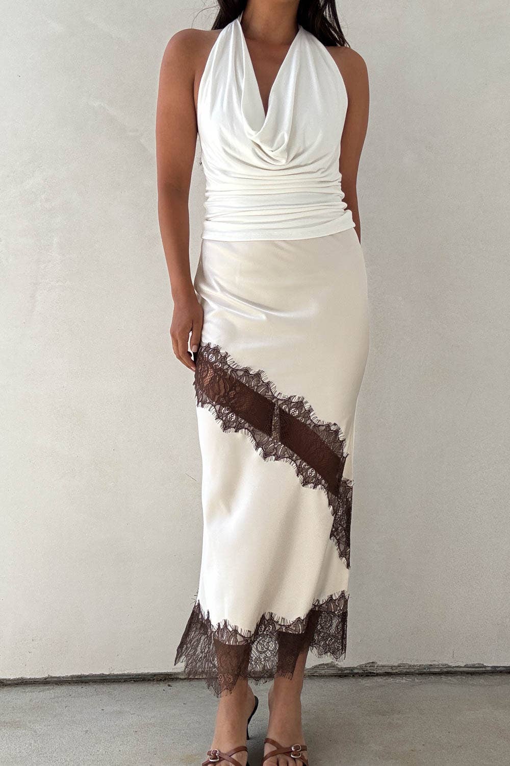 Satin Contrast Lace Trim Midi Skirt