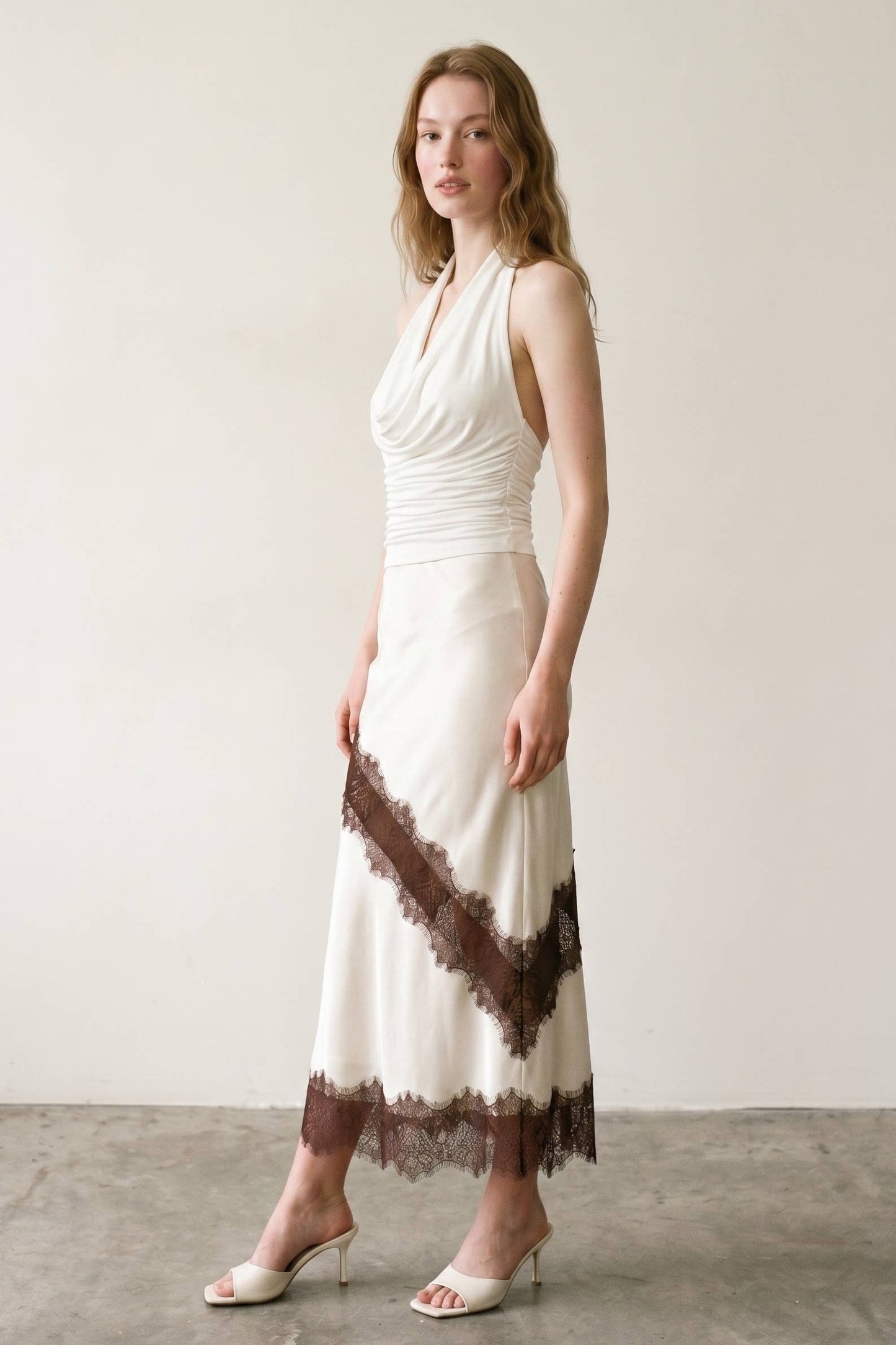 Satin Contrast Lace Trim Midi Skirt