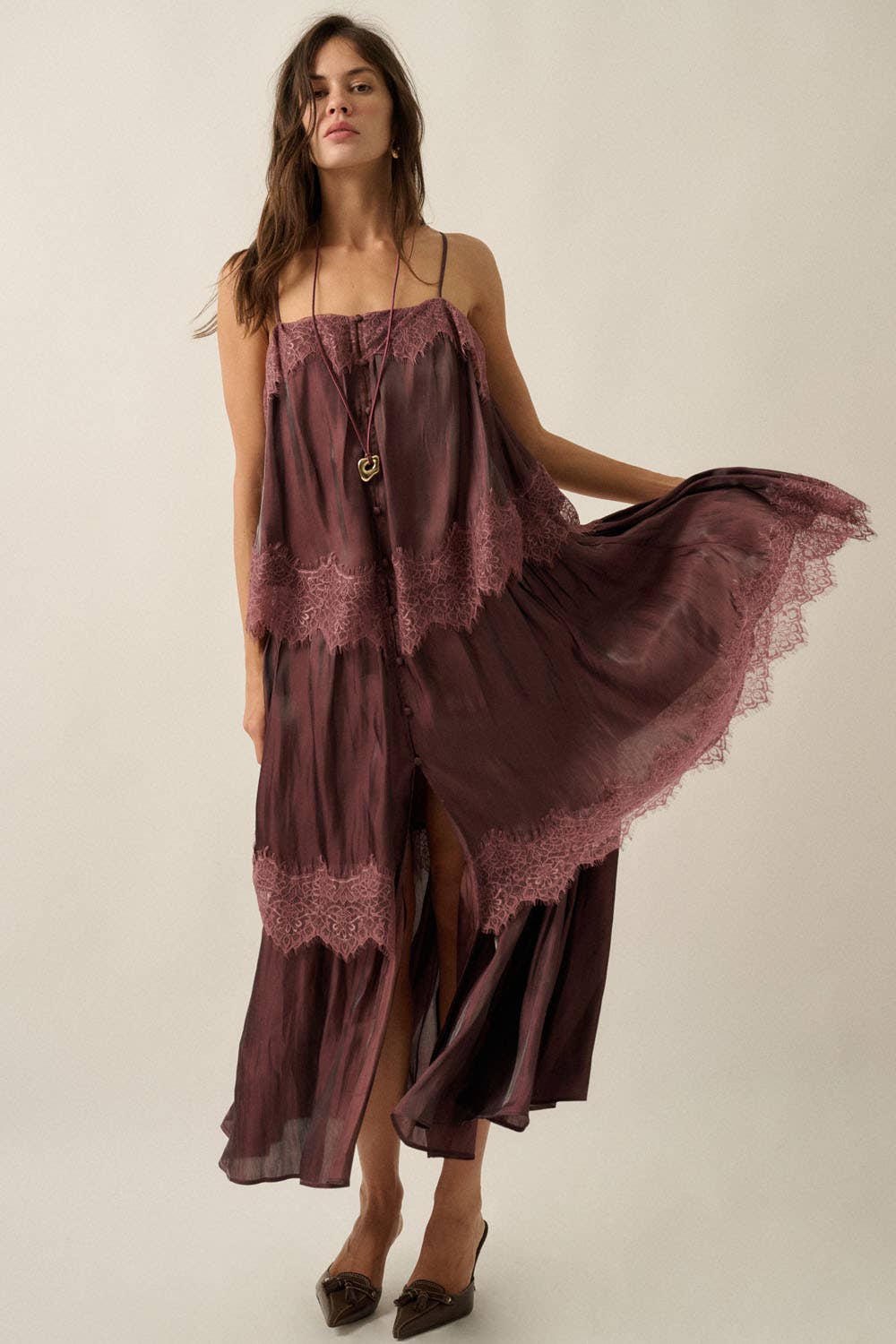 Shimmer Chiffon Lace-Trim Tiered Maxi Slip Dress