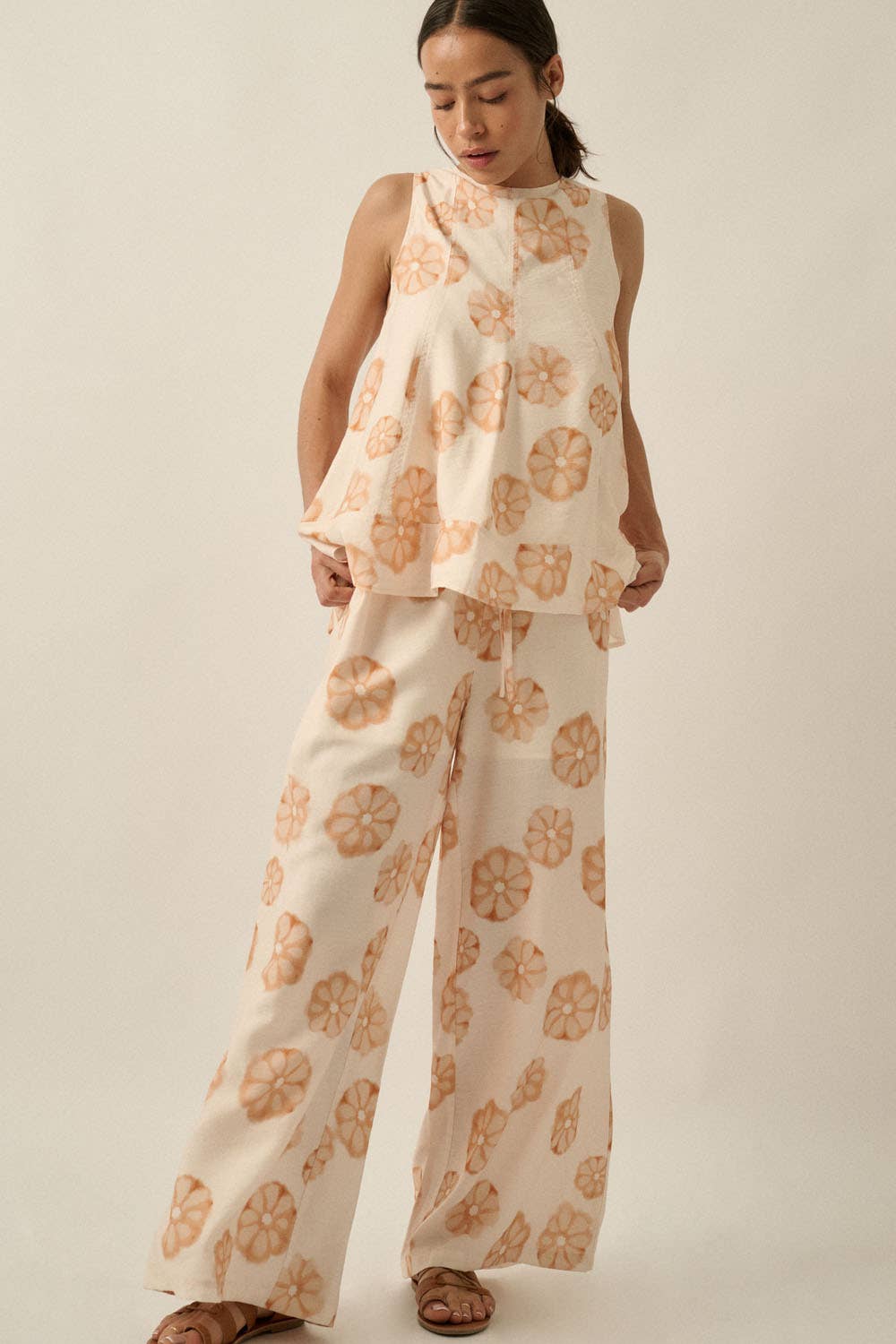 Floral-Print Wide-Leg Drawstring Pocket Pants