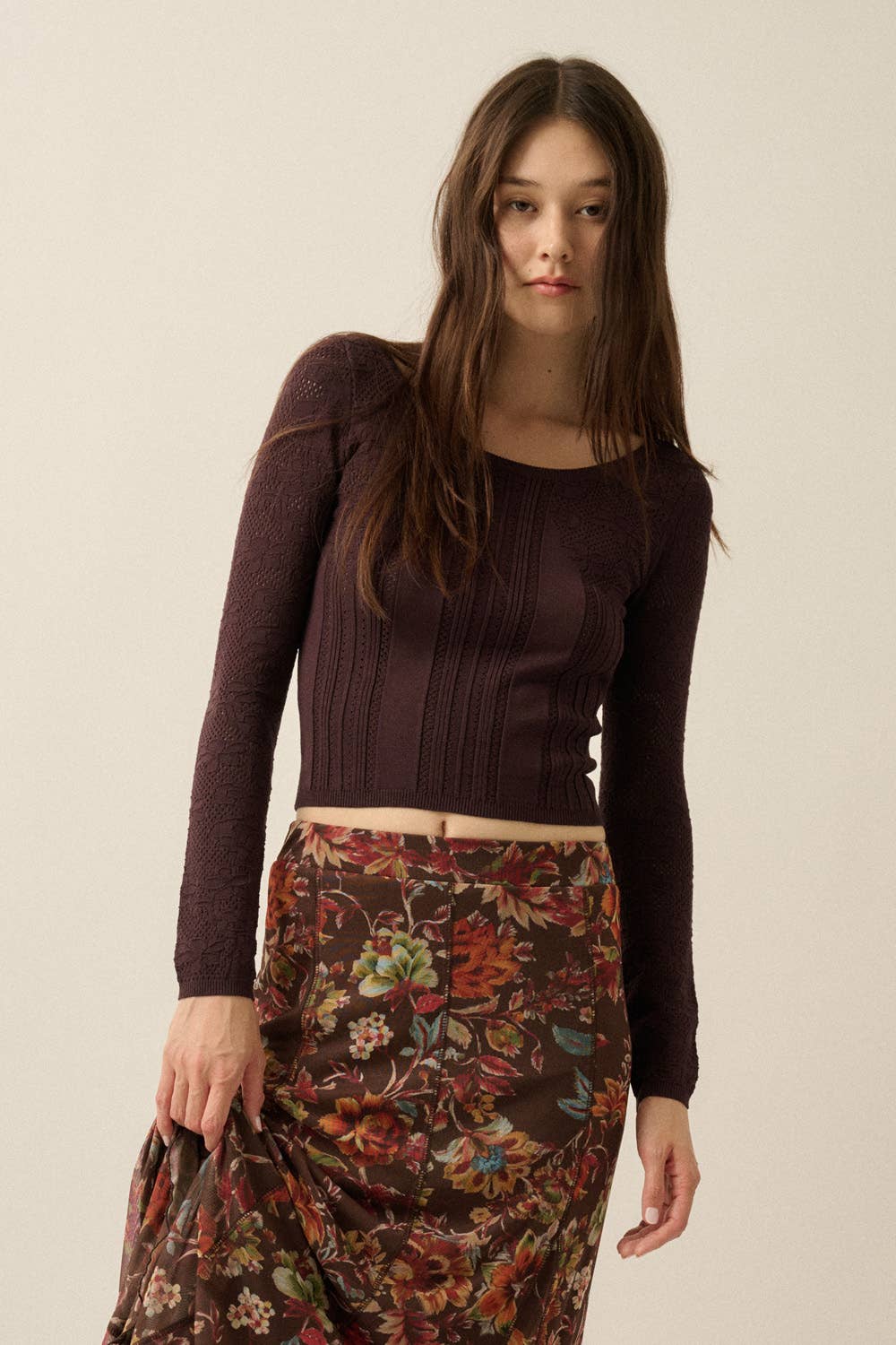 Floral Pointelle and Ribbed Knit Fitted Long-Sleeve Top