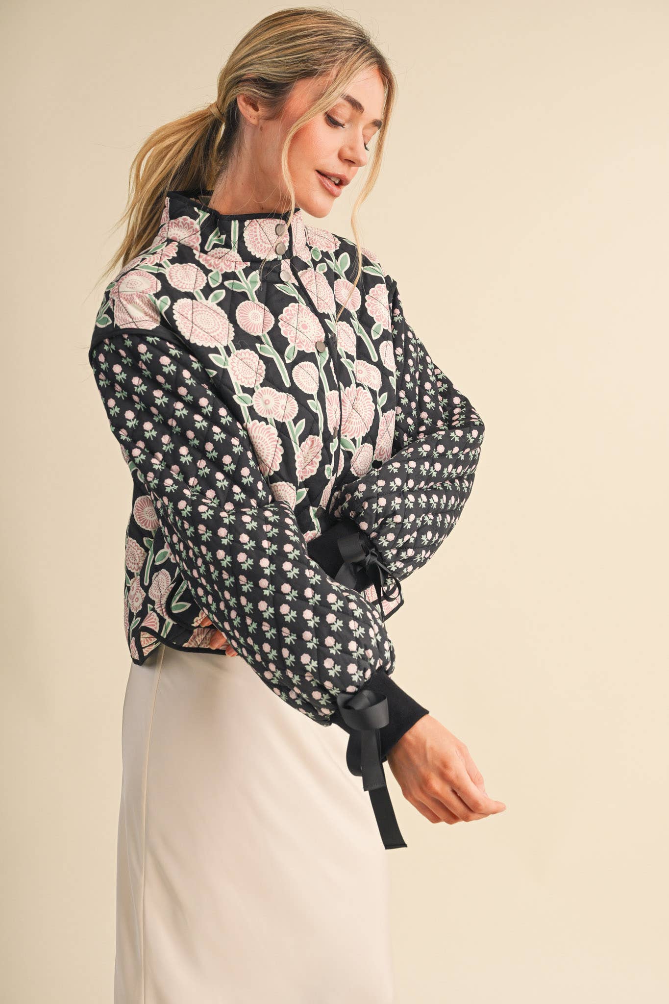 Quinn Quilted Floral Print Jacket with Ribbon Detail