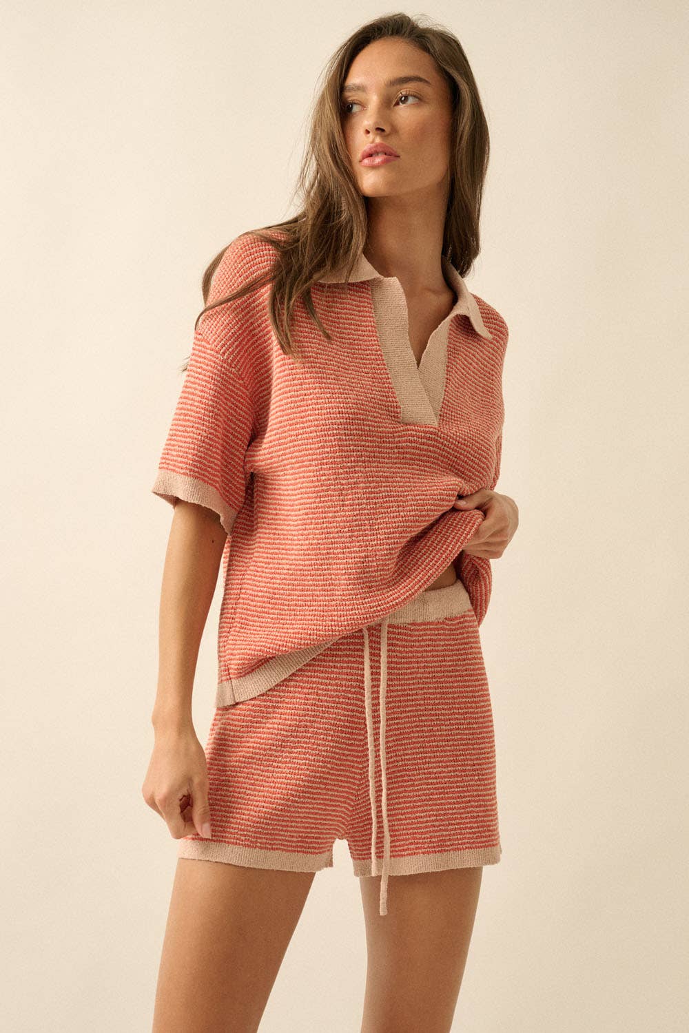 Striped Knit Wide-Leg Drawstring Sweater Shorts