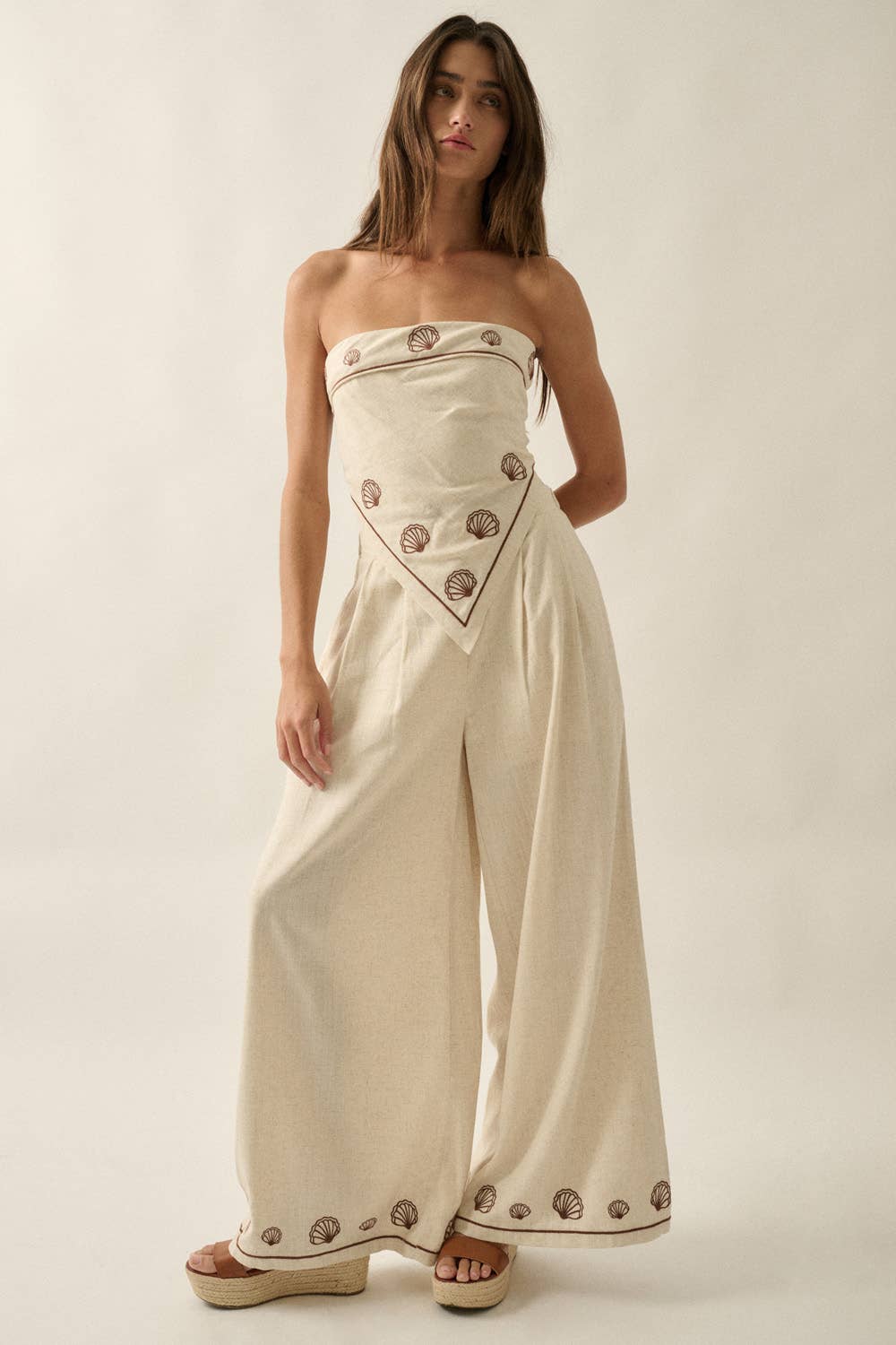 Shelly Seashell-Embroidered Wide-Leg Pants