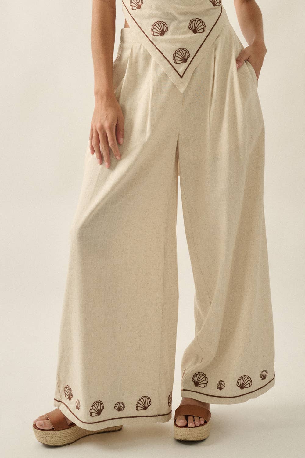 Shelly Seashell-Embroidered Wide-Leg Pants
